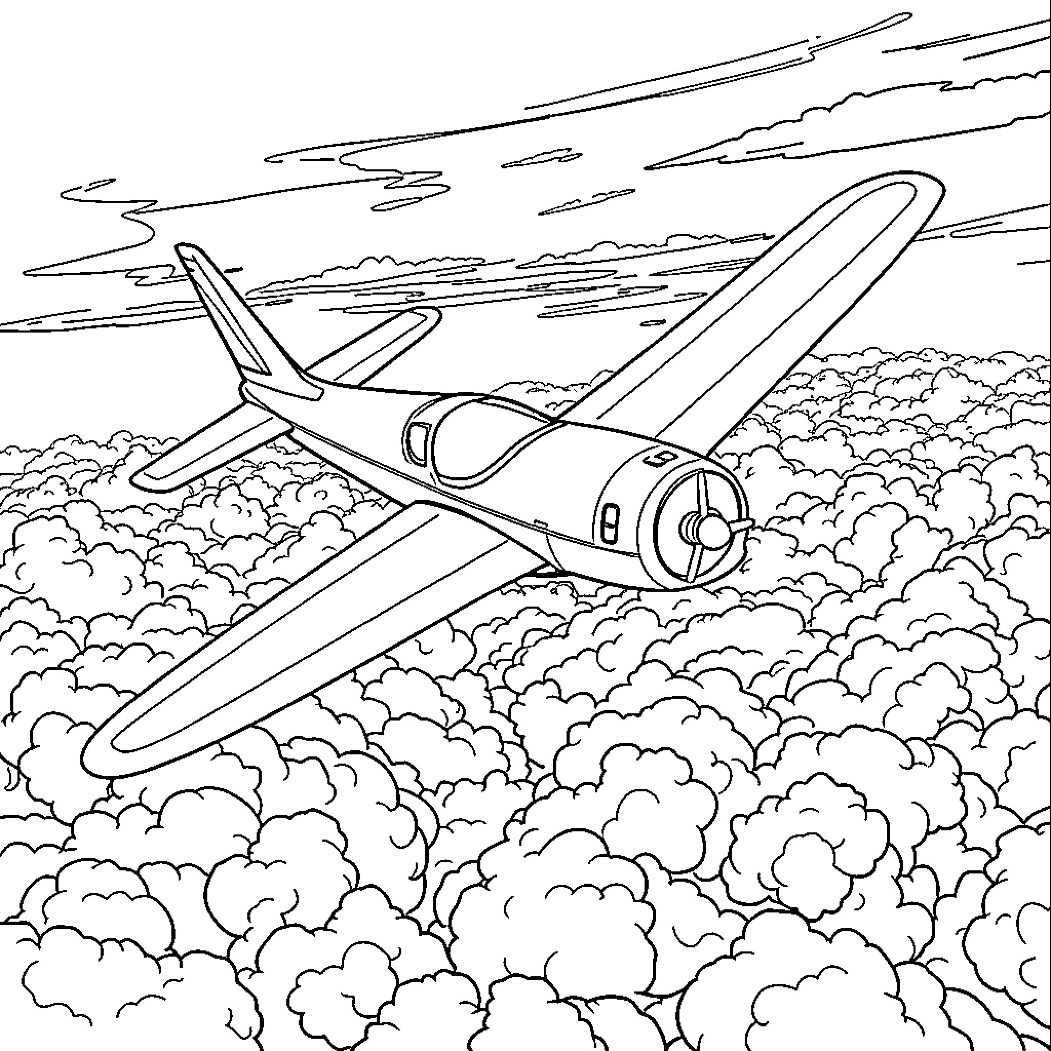 Plane soaring through cloudy skies Coloring Page (free black-and-white line drawing printable PDF for all, from beginners to advanced learners, including children, teens, adults, and seniors)