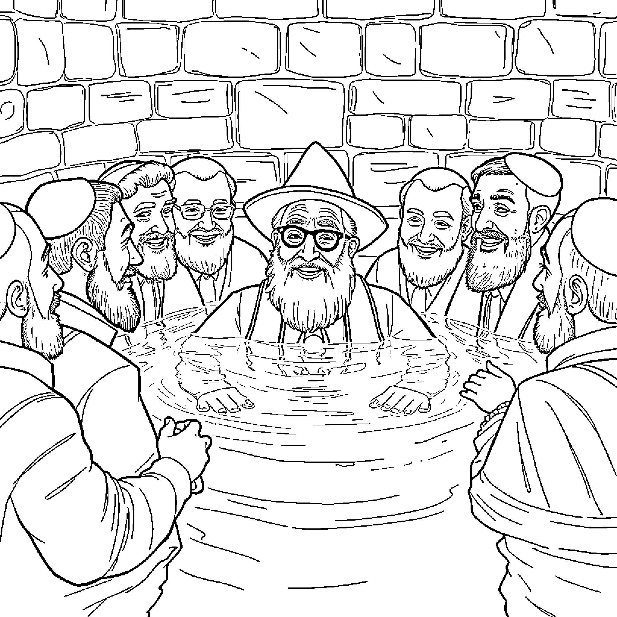 Uncle Moshe and his friends enjoying a warm bath together Coloring Page (free black-and-white line drawing printable PDF for all, from beginners to advanced learners, including children, teens, adults, and seniors)