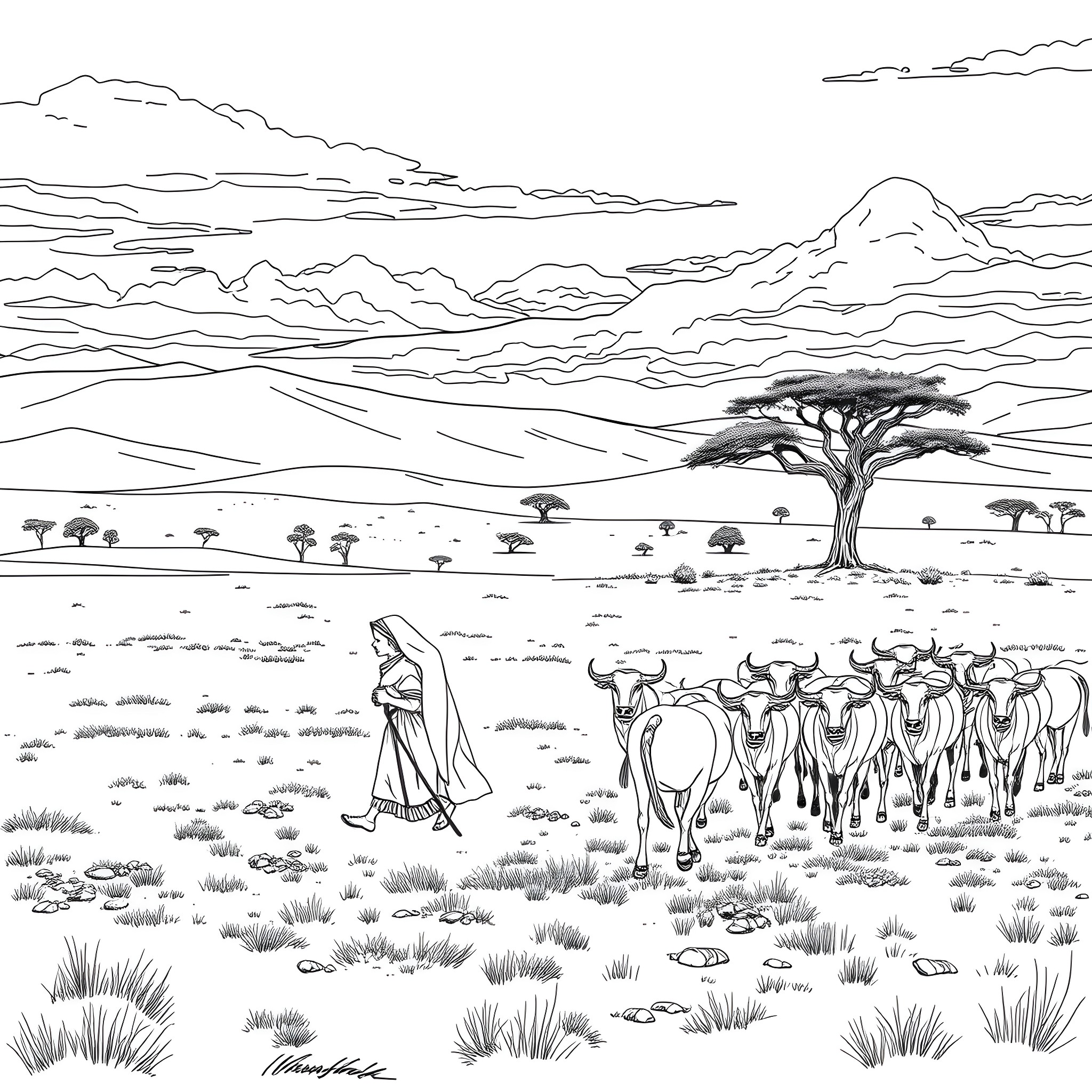 Child exploring African savanna with herd of cattle Coloring Page (free black-and-white line drawing printable PDF for all, from beginners to advanced learners, including children, teens, adults, and seniors)