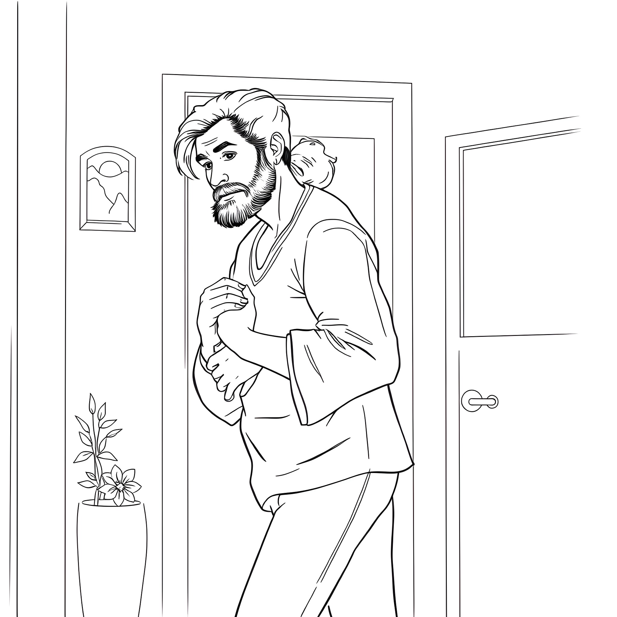 Husband standing in contemplation at the doorway Coloring Page (free black-and-white line drawing printable PDF for all, from beginners to advanced learners, including children, teens, adults, and seniors)