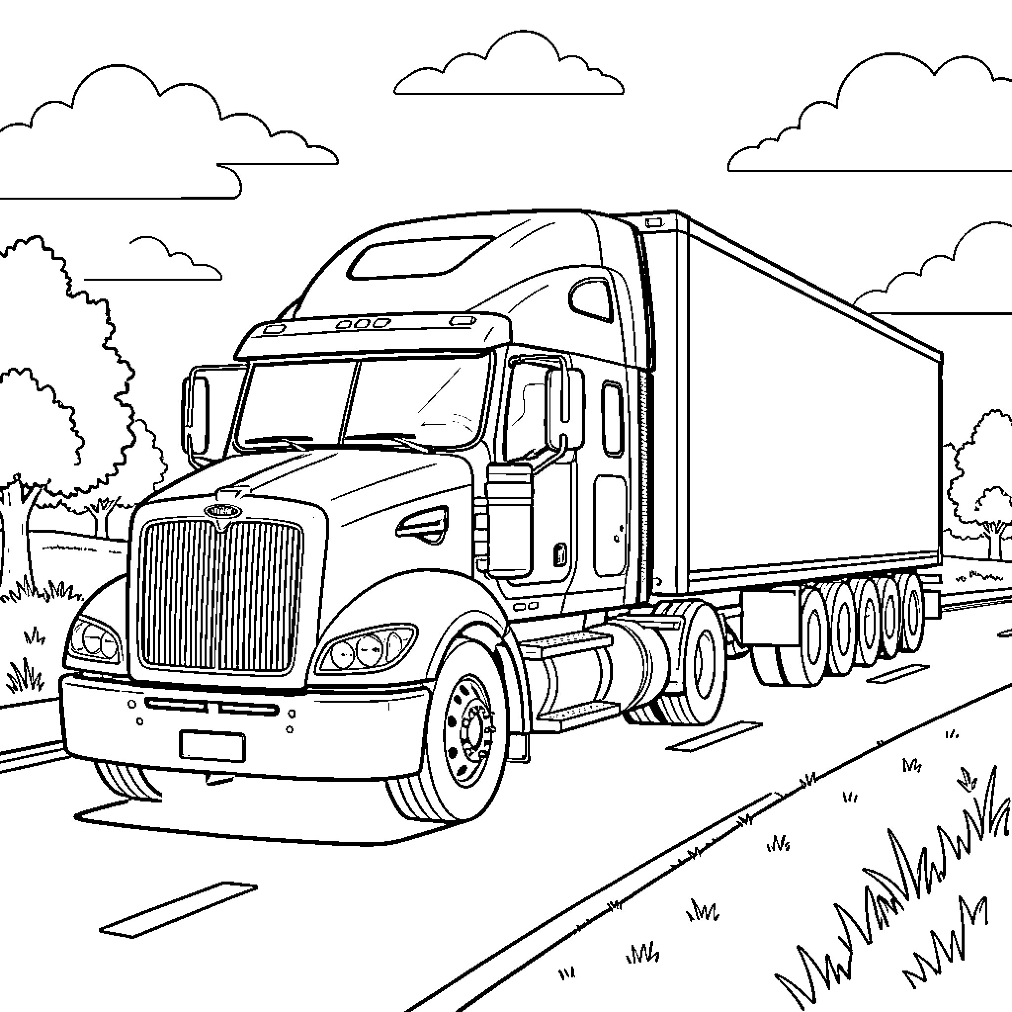 Semitruck driving along a road with trees Coloring Page (free black-and-white line drawing printable PDF for all, from beginners to advanced learners, including children, teens, adults, and seniors)