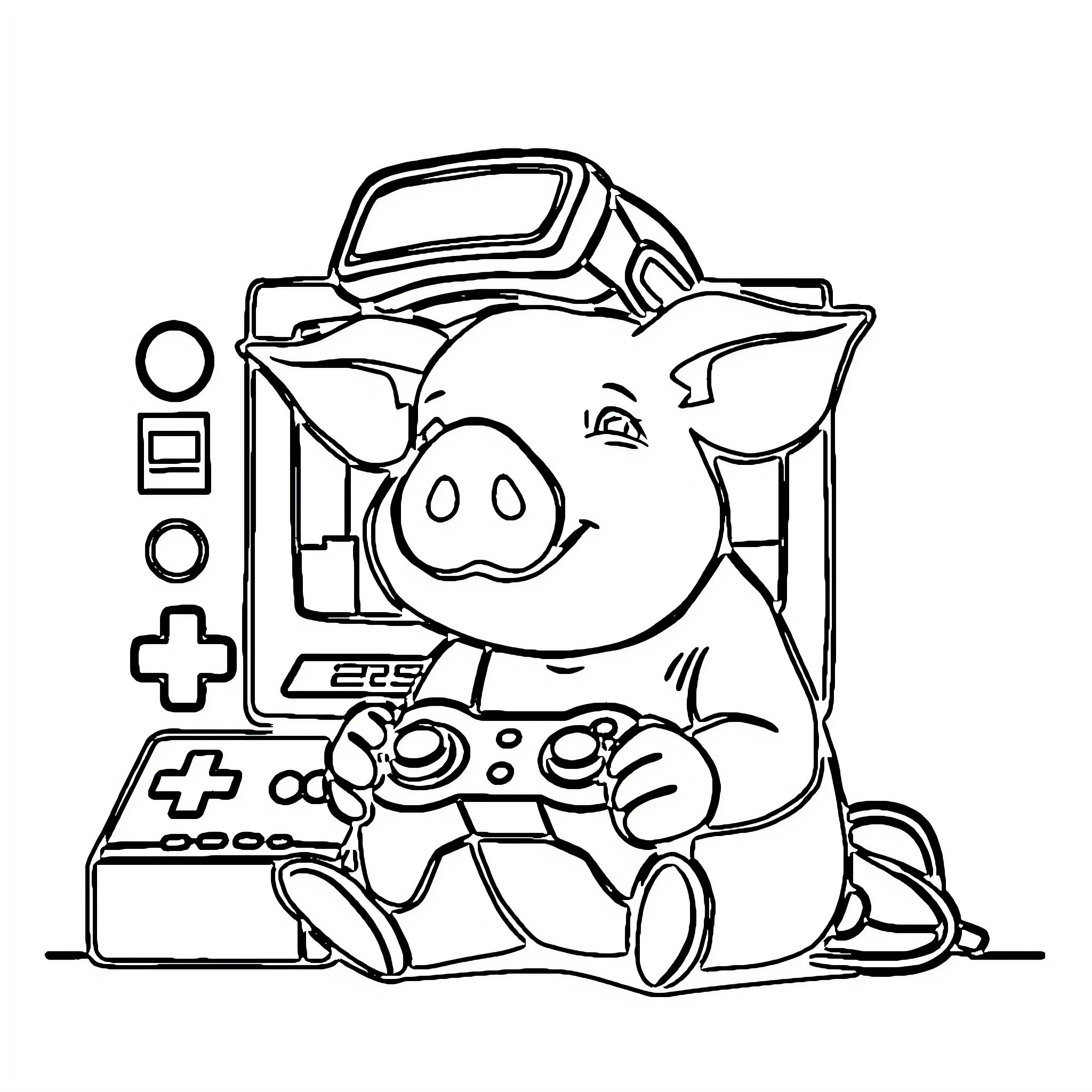 Gamer Pig playing video game with controller Coloring Page (free black-and-white line drawing printable PDF for all, from beginners to advanced learners, including children, teens, adults, and seniors)