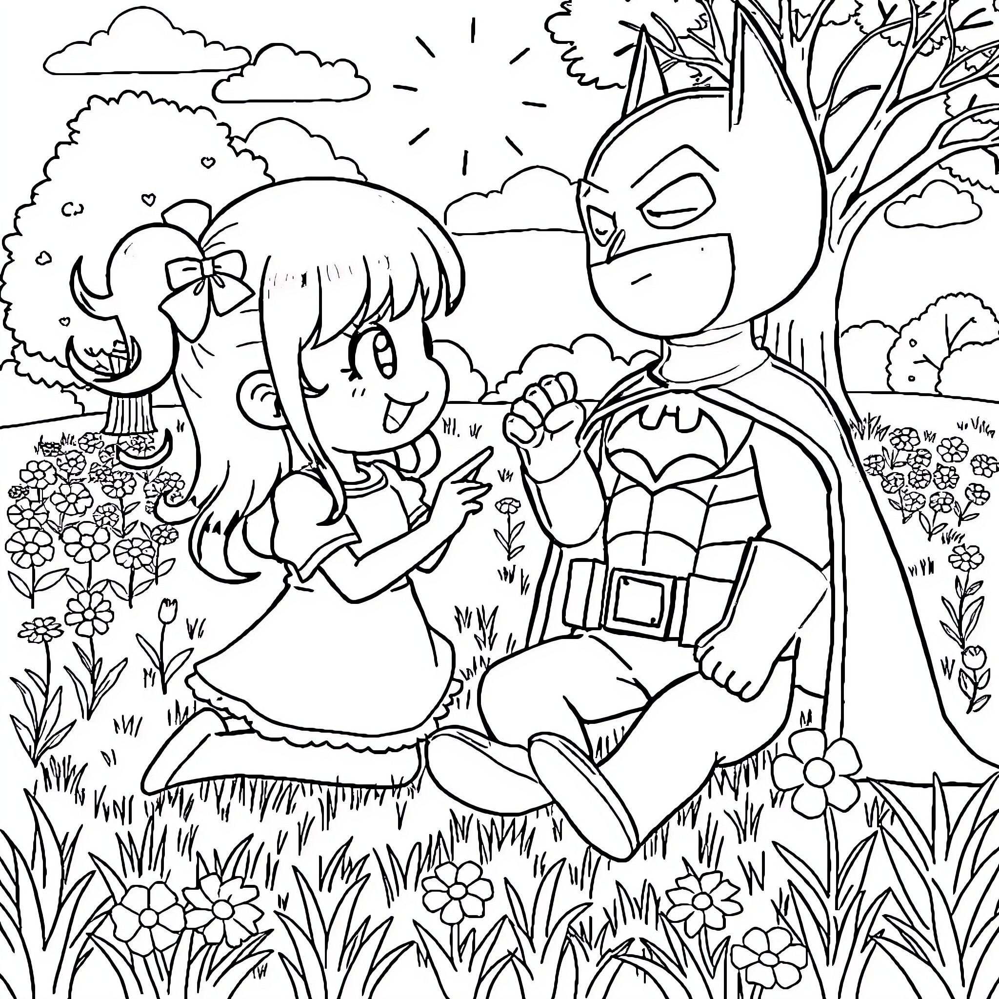 Kuromi and friends enjoy a sunny day outdoors Coloring Page (free black-and-white line drawing printable PDF for all, from beginners to advanced learners, including children, teens, adults, and seniors)