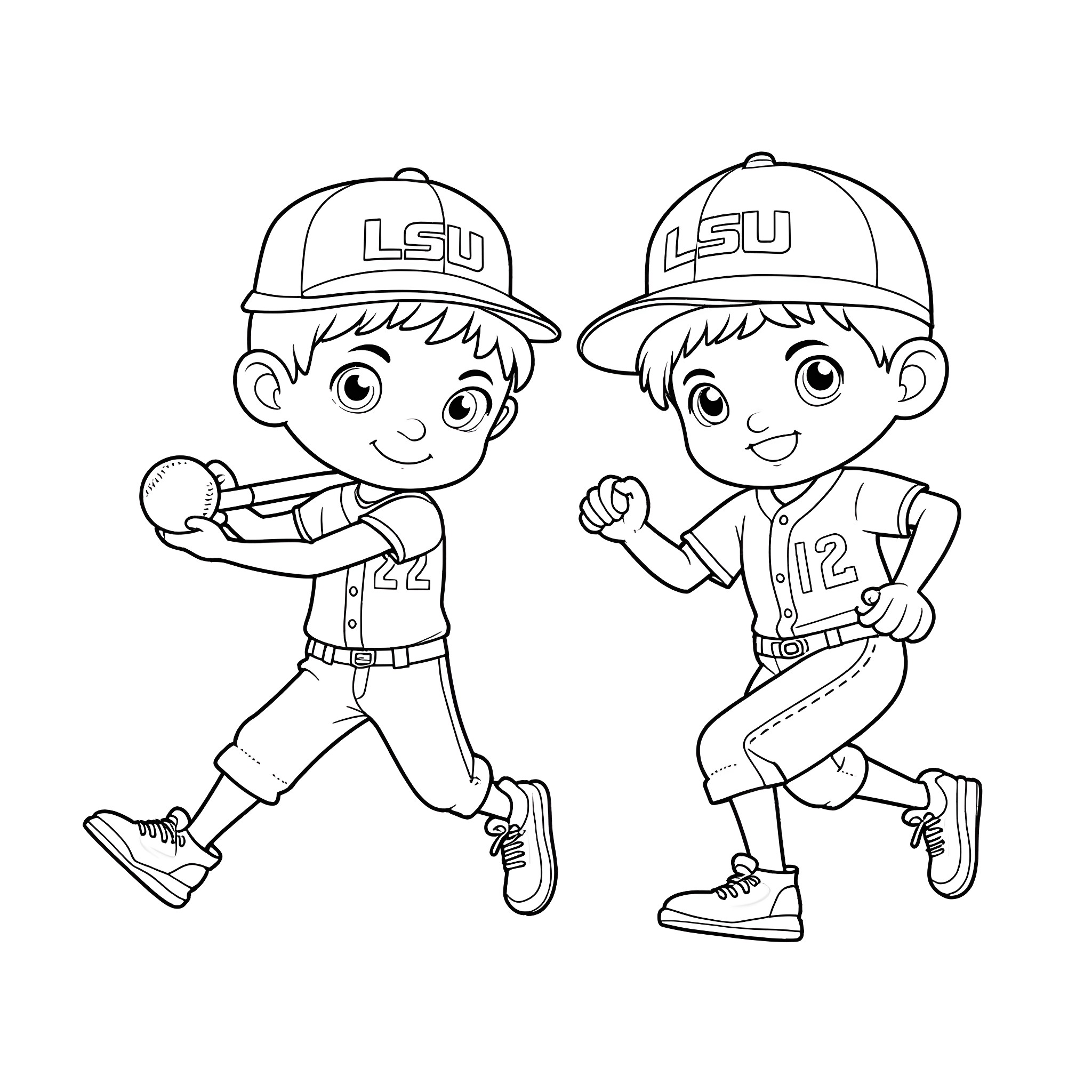 Brother baseball players in action Coloring Page (free black-and-white line drawing printable PDF for all, from beginners to advanced learners, including children, teens, adults, and seniors)