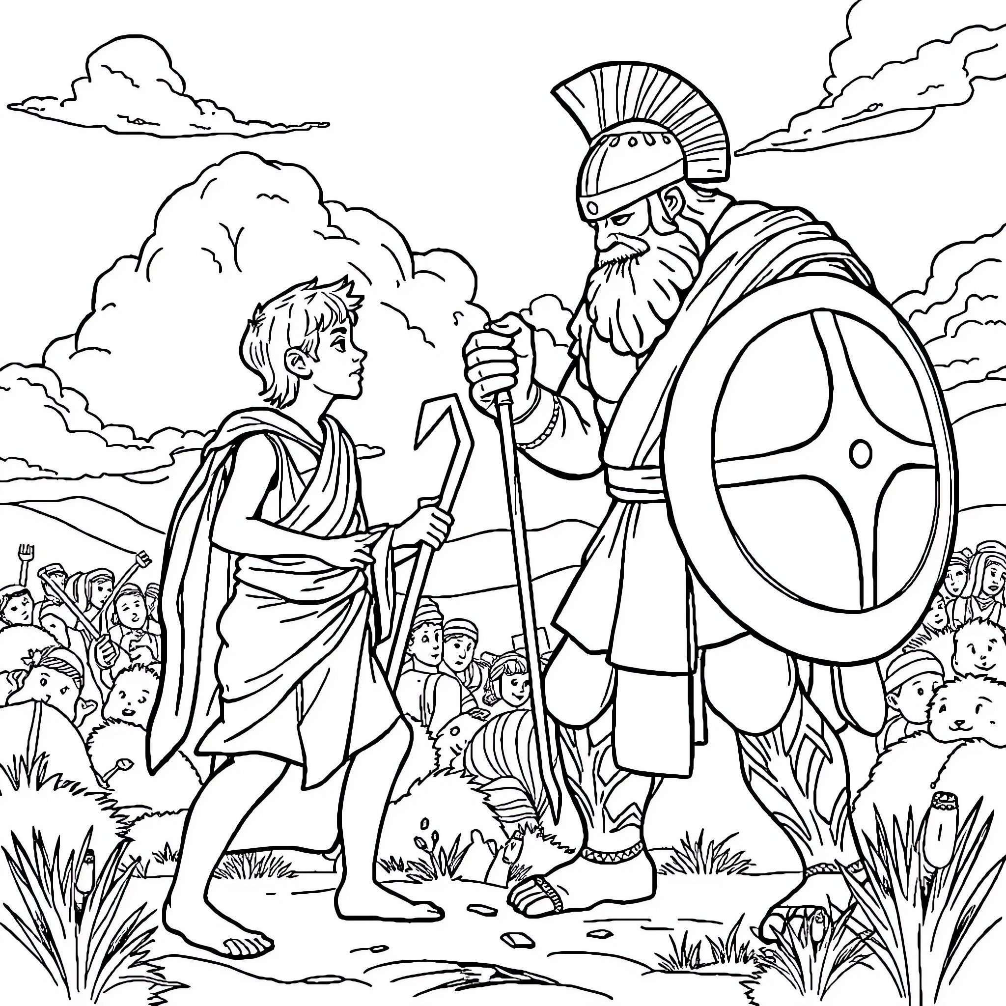 David and the Warrior King in the Countryside Coloring Page (free black-and-white line drawing printable PDF for all, from beginners to advanced learners, including children, teens, adults, and seniors)