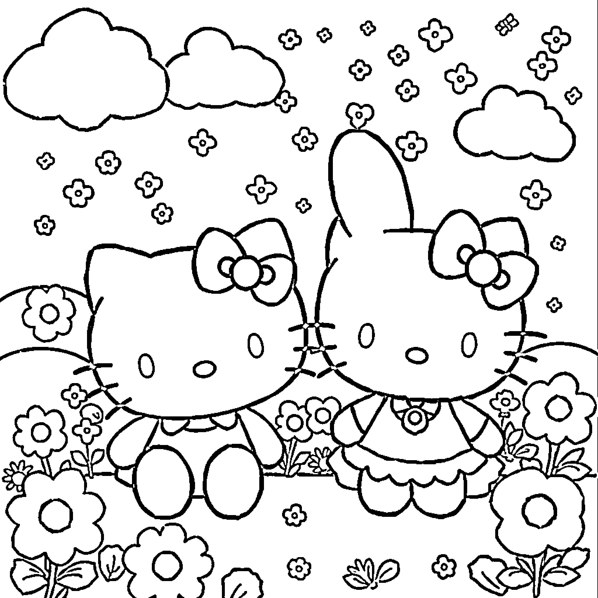 Sanrio Characters in a Floral Garden Coloring Page (free black-and-white line drawing printable PDF for all, from beginners to advanced learners, including children, teens, adults, and seniors)