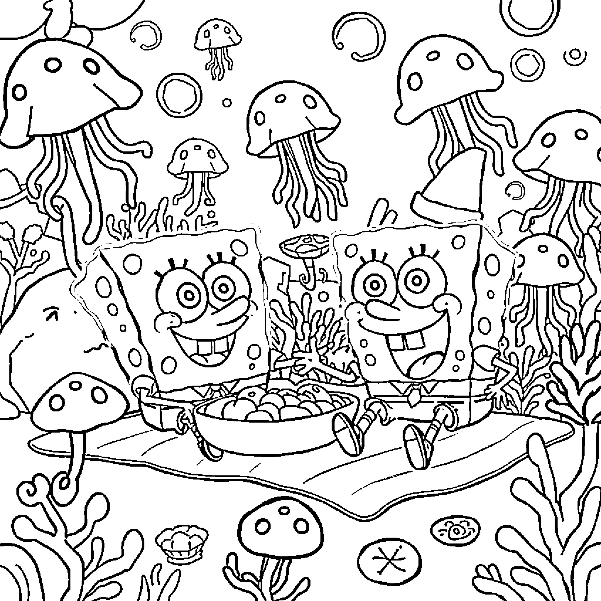 Spongebob and Friends Explore the Underwater Wonderland Coloring Page (free black-and-white line drawing printable PDF for all, from beginners to advanced learners, including children, teens, adults, and seniors)