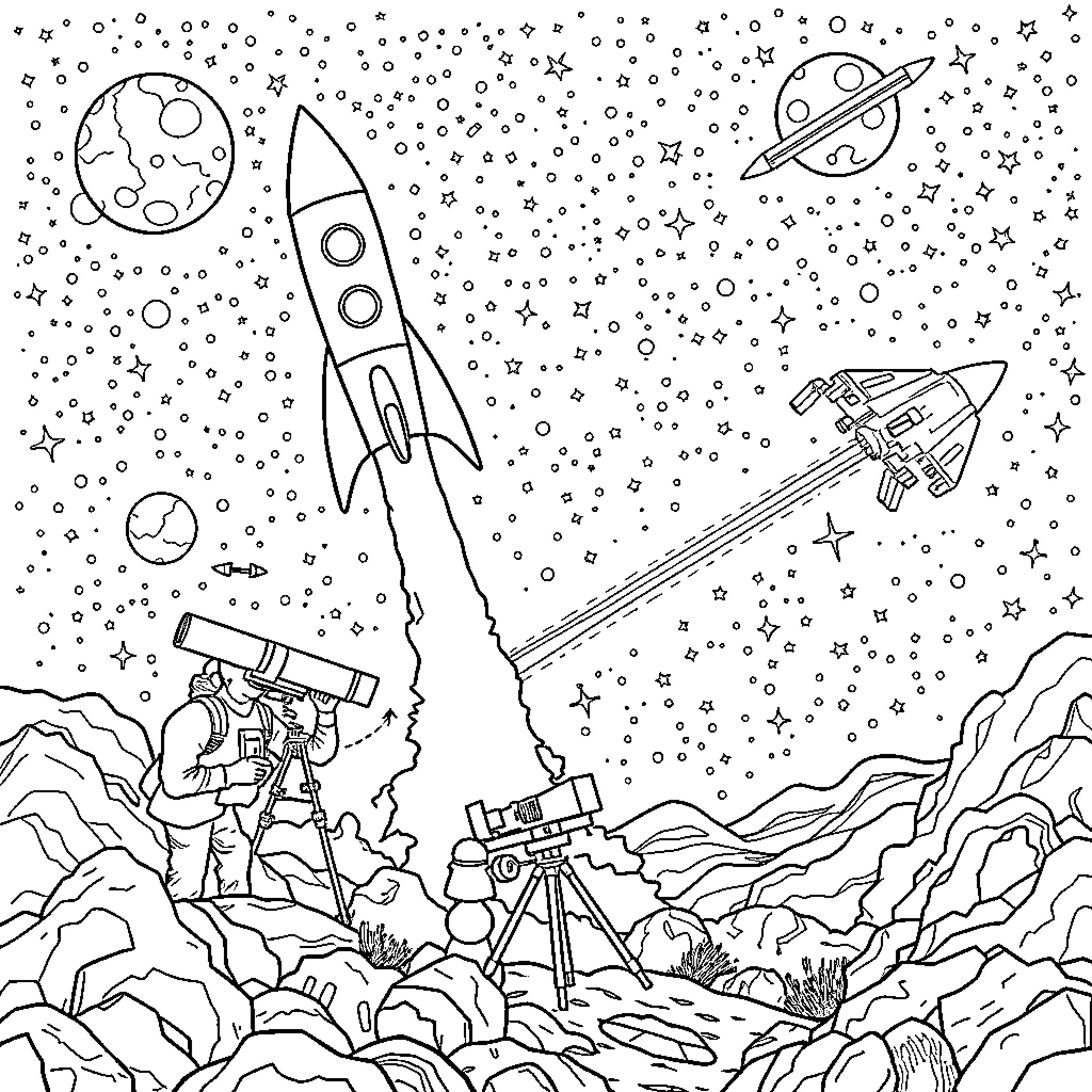 Astronomer observing the night sky with telescope and rocket ships Coloring Page (free black-and-white line drawing printable PDF for all, from beginners to advanced learners, including children, teens, adults, and seniors)