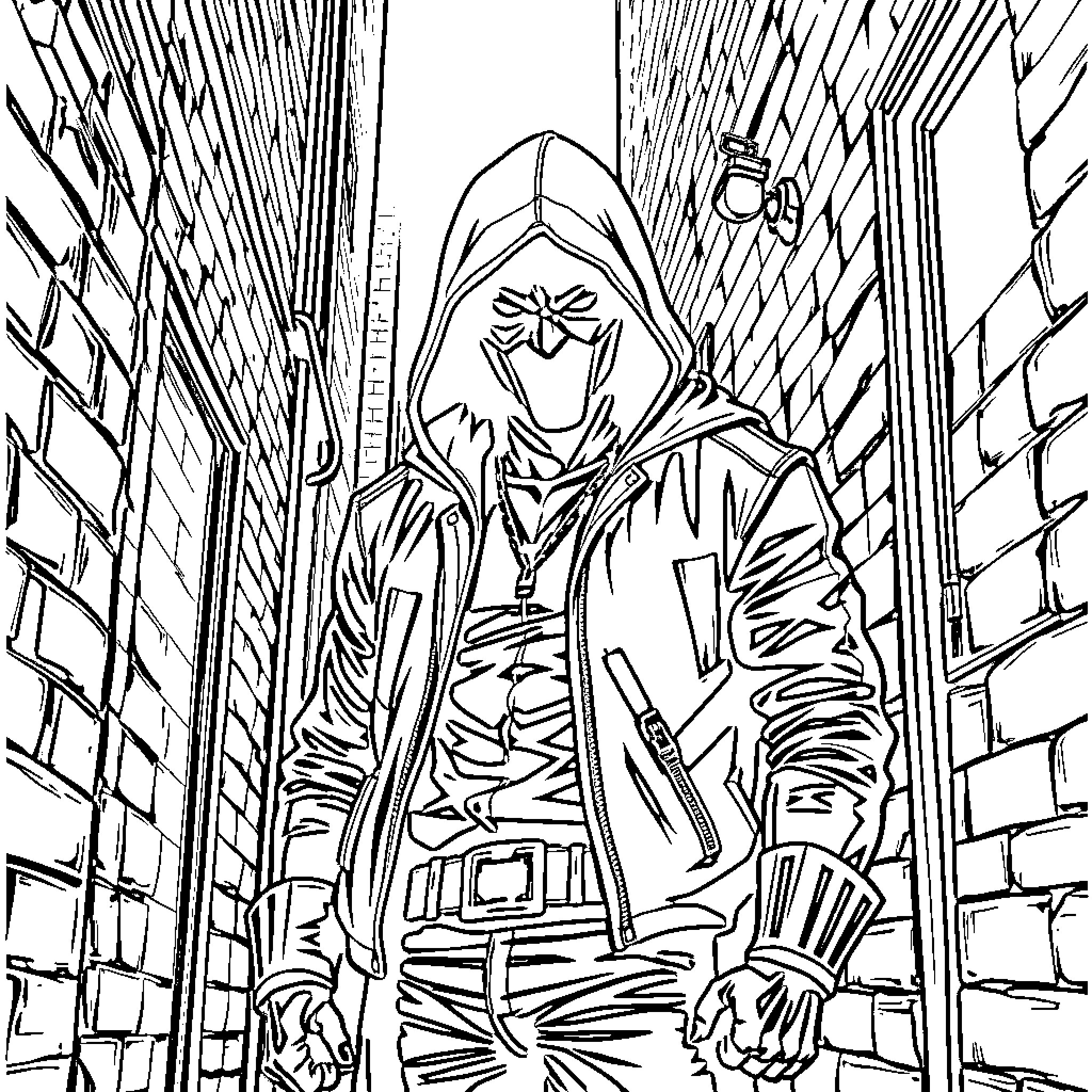 Red Hood Confronting Adversaries in Shadowy Alley Coloring Page (free black-and-white line drawing printable PDF for all, from beginners to advanced learners, including children, teens, adults, and seniors)