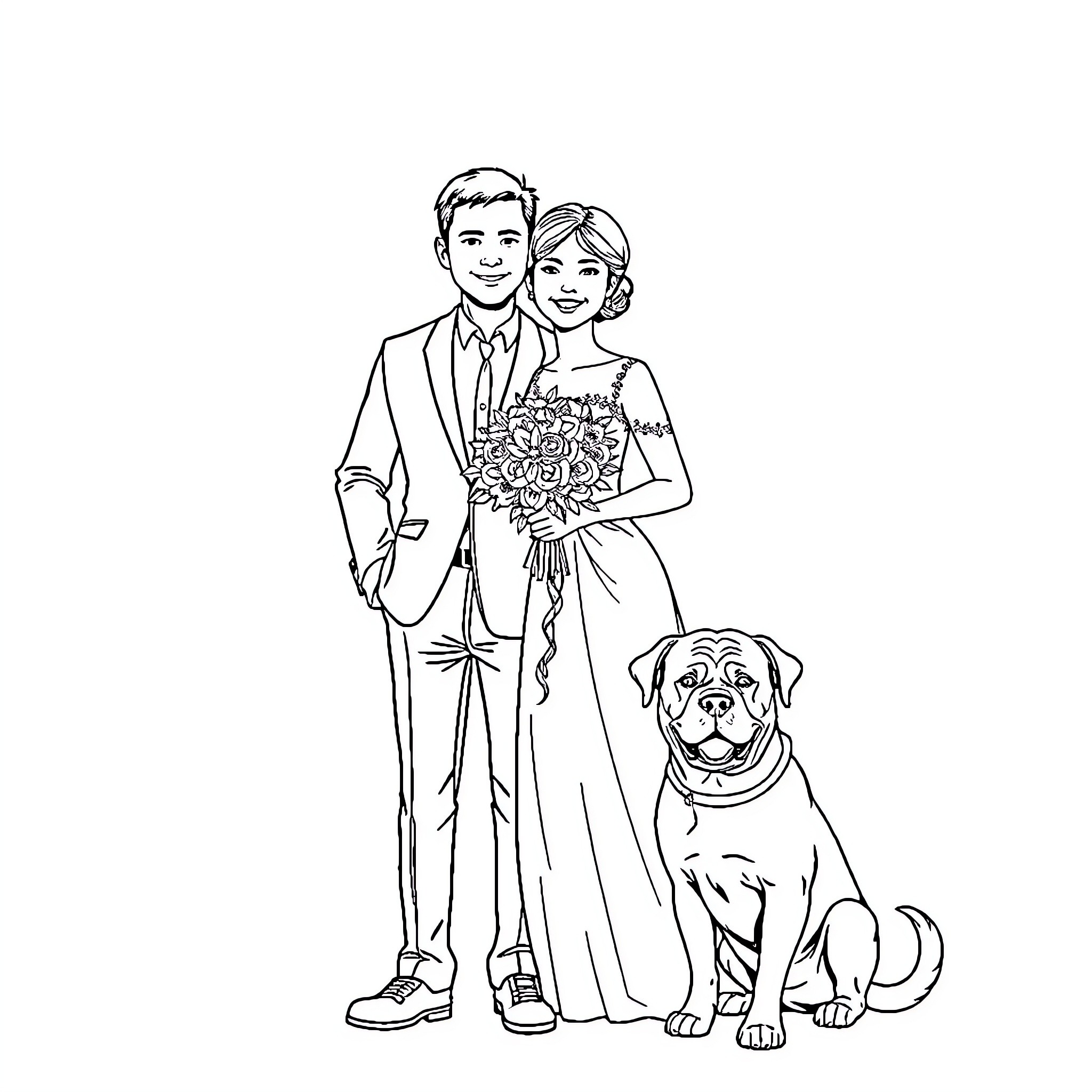 Man and woman in formal attire with dog Coloring Page (free black-and-white line drawing printable PDF for all, from beginners to advanced learners, including children, teens, adults, and seniors)