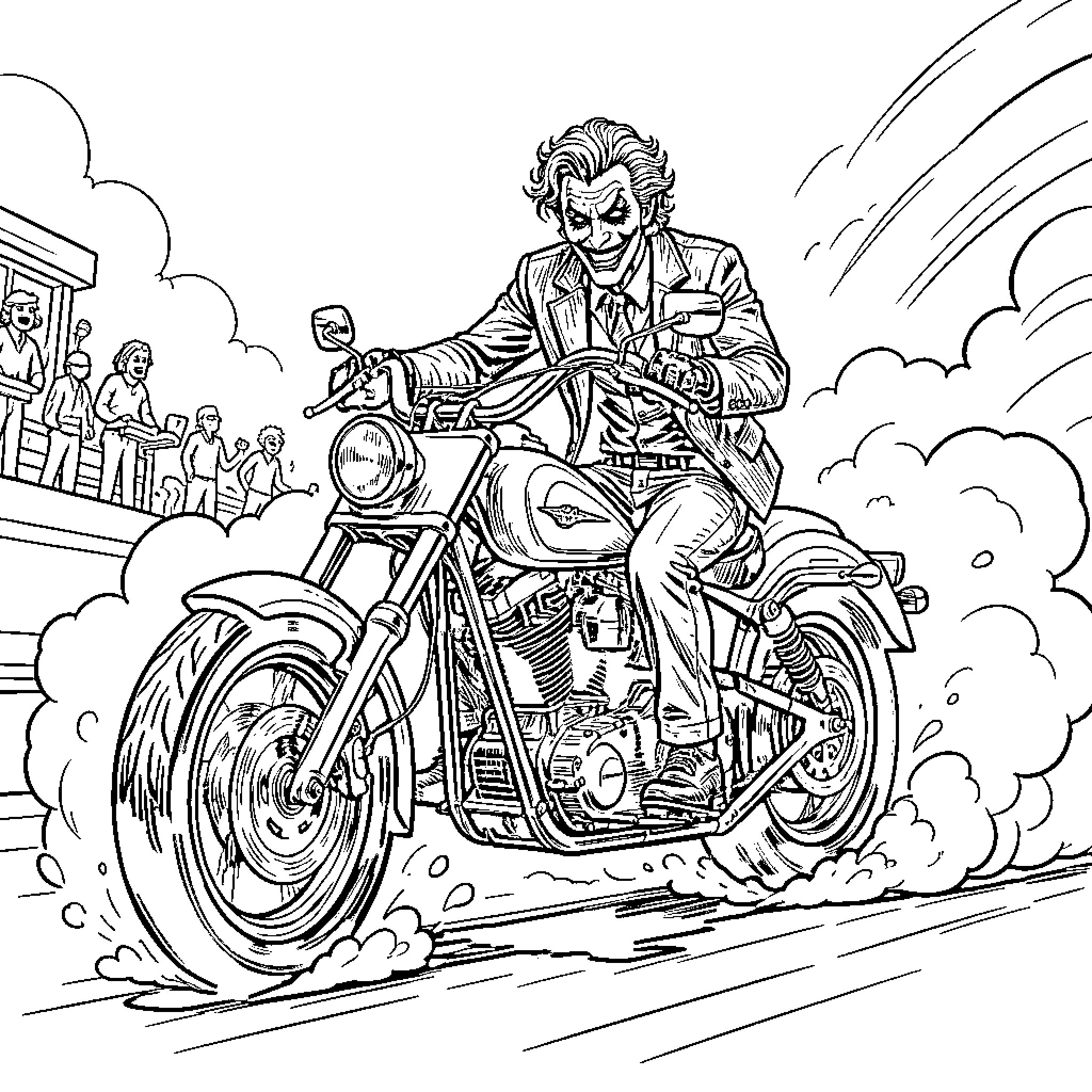 Joker riding a motorcycle with a sinister expression Coloring Page (free black-and-white line drawing printable PDF for all, from beginners to advanced learners, including children, teens, adults, and seniors)