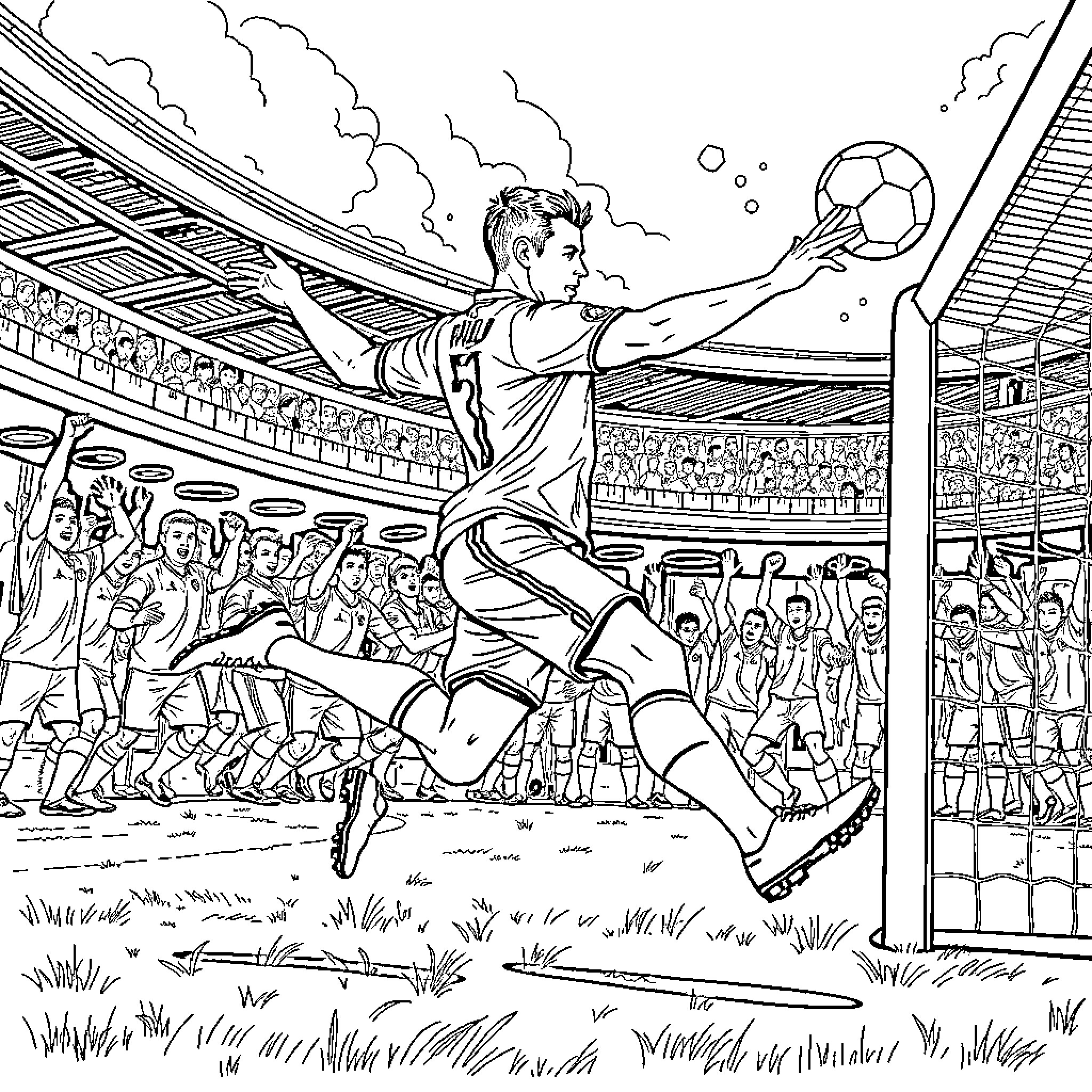 Ronaldo's Acrobatic Soccer Skills on the Pitch Coloring Page (free black-and-white line drawing printable PDF for all, from beginners to advanced learners, including children, teens, adults, and seniors)