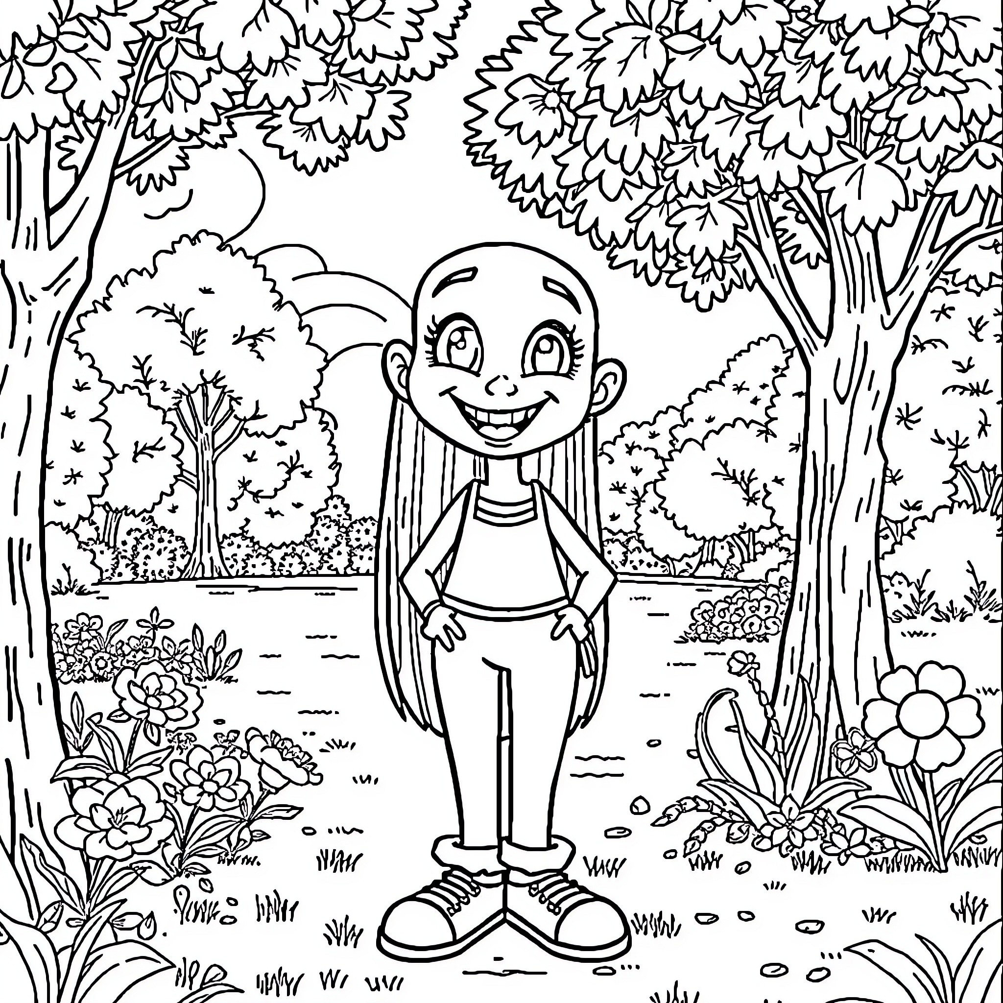 Freen Sarocha's Whimsical Adventure in the Enchanted Forest Coloring Page (free black-and-white line drawing printable PDF for all, from beginners to advanced learners, including children, teens, adults, and seniors)