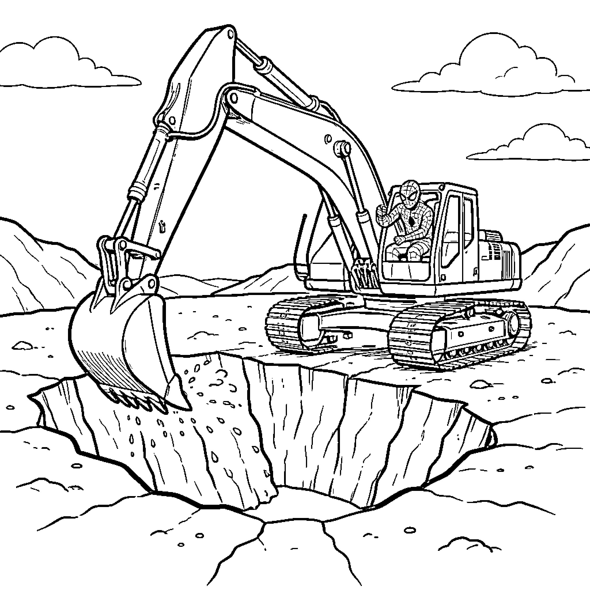 Spiderman operating a large excavator in a rocky landscape Coloring Page (free black-and-white line drawing printable PDF for all, from beginners to advanced learners, including children, teens, adults, and seniors)