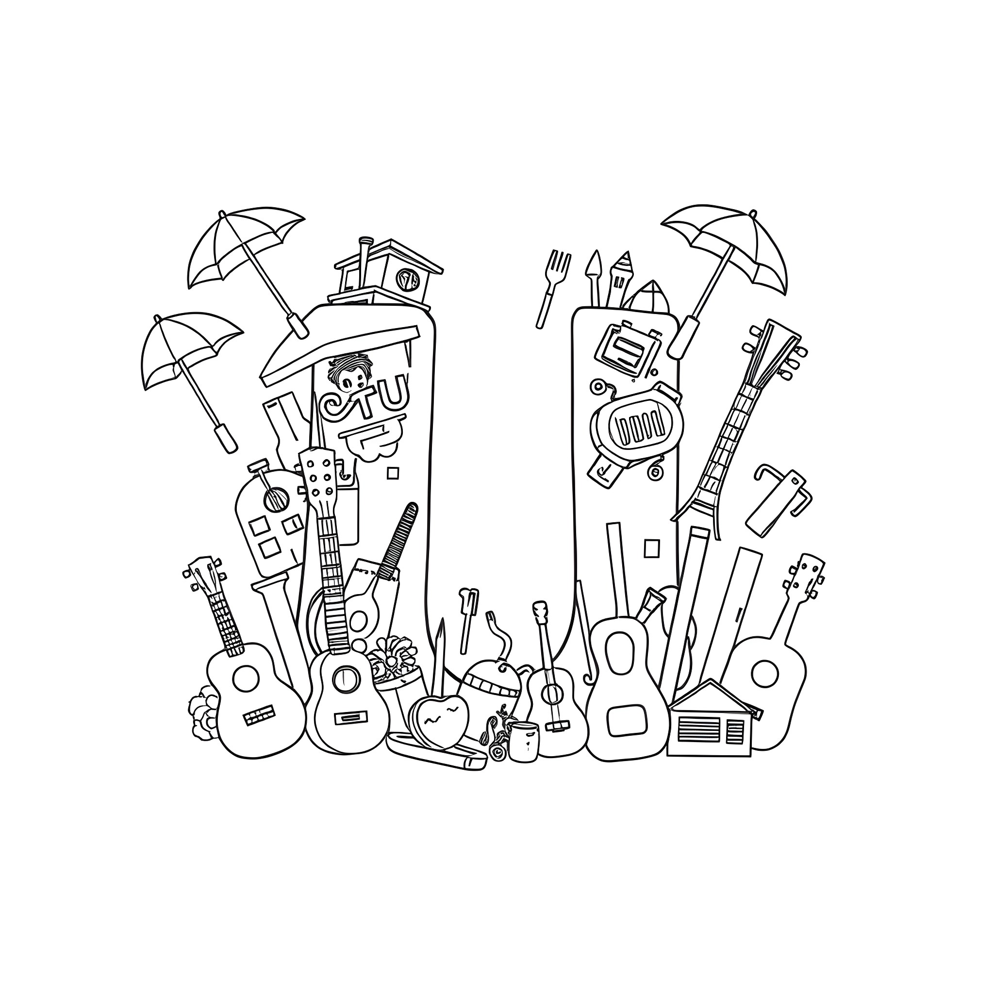 Letter U - Unique and Eclectic Assortment of Musical Instruments Coloring Page (free black-and-white line drawing printable PDF for all, from beginners to advanced learners, including children, teens, adults, and seniors)