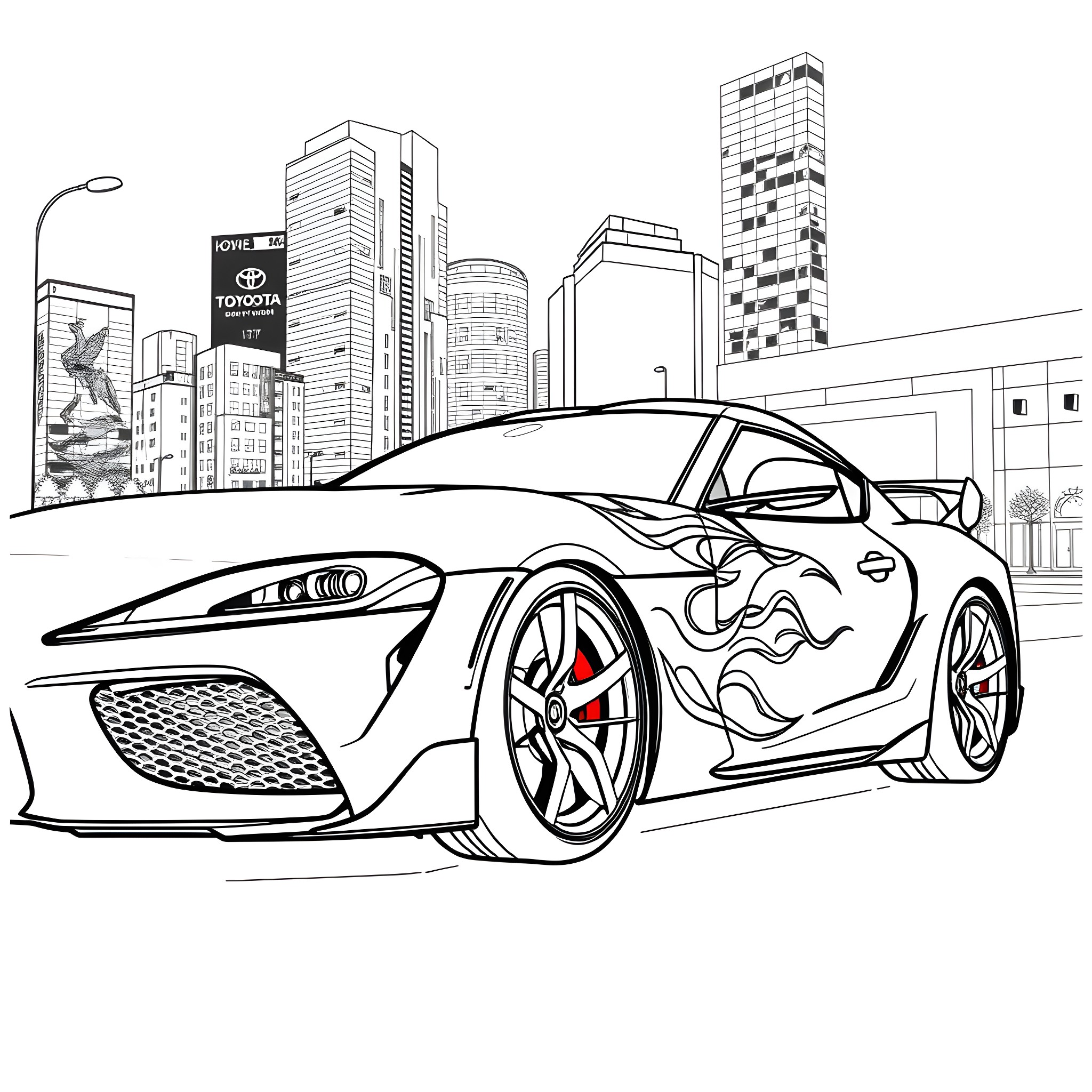 Toyota sports car speeding through the city Coloring Page (free black-and-white line drawing printable PDF for all, from beginners to advanced learners, including children, teens, adults, and seniors)