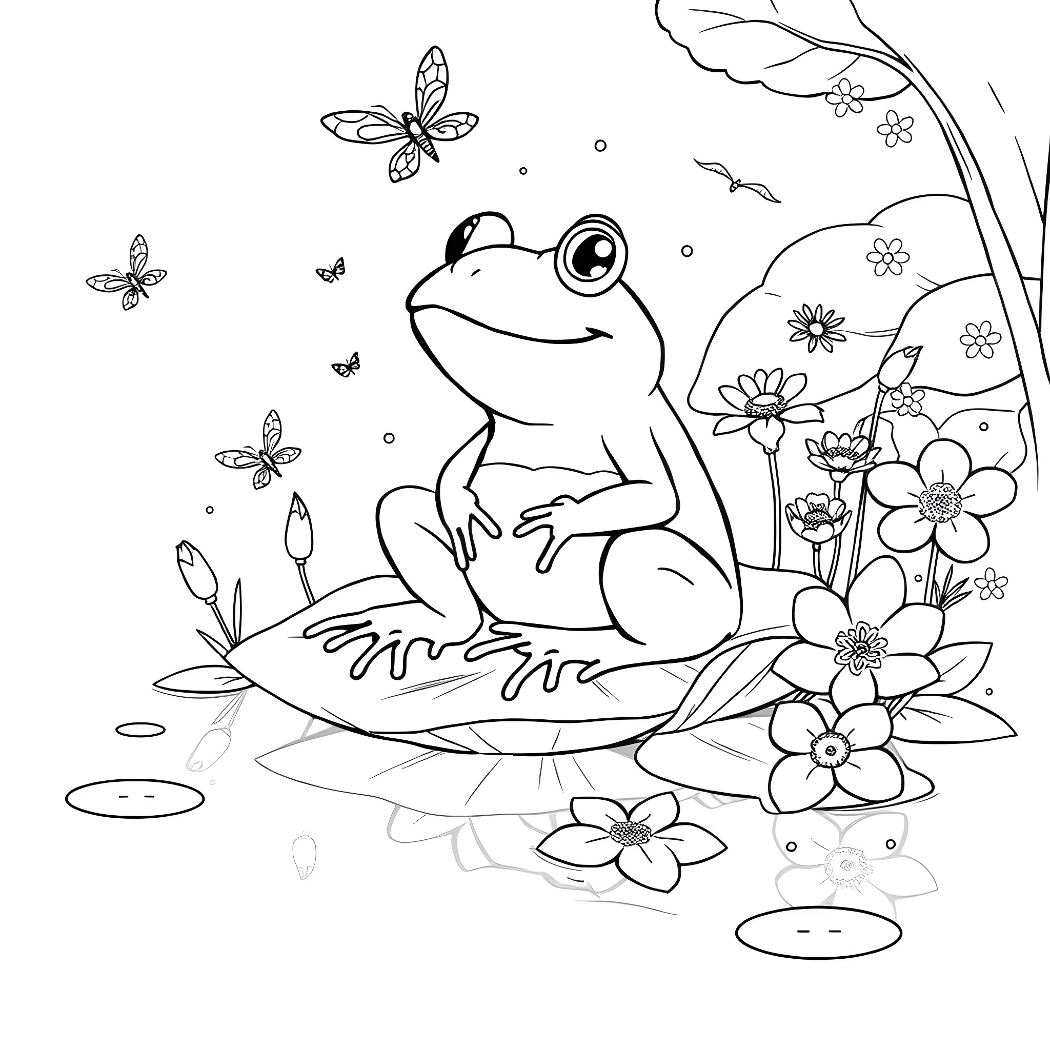 Keroppi enjoying nature with butterflies and flowers Coloring Page (free black-and-white line drawing printable PDF for all, from beginners to advanced learners, including children, teens, adults, and seniors)