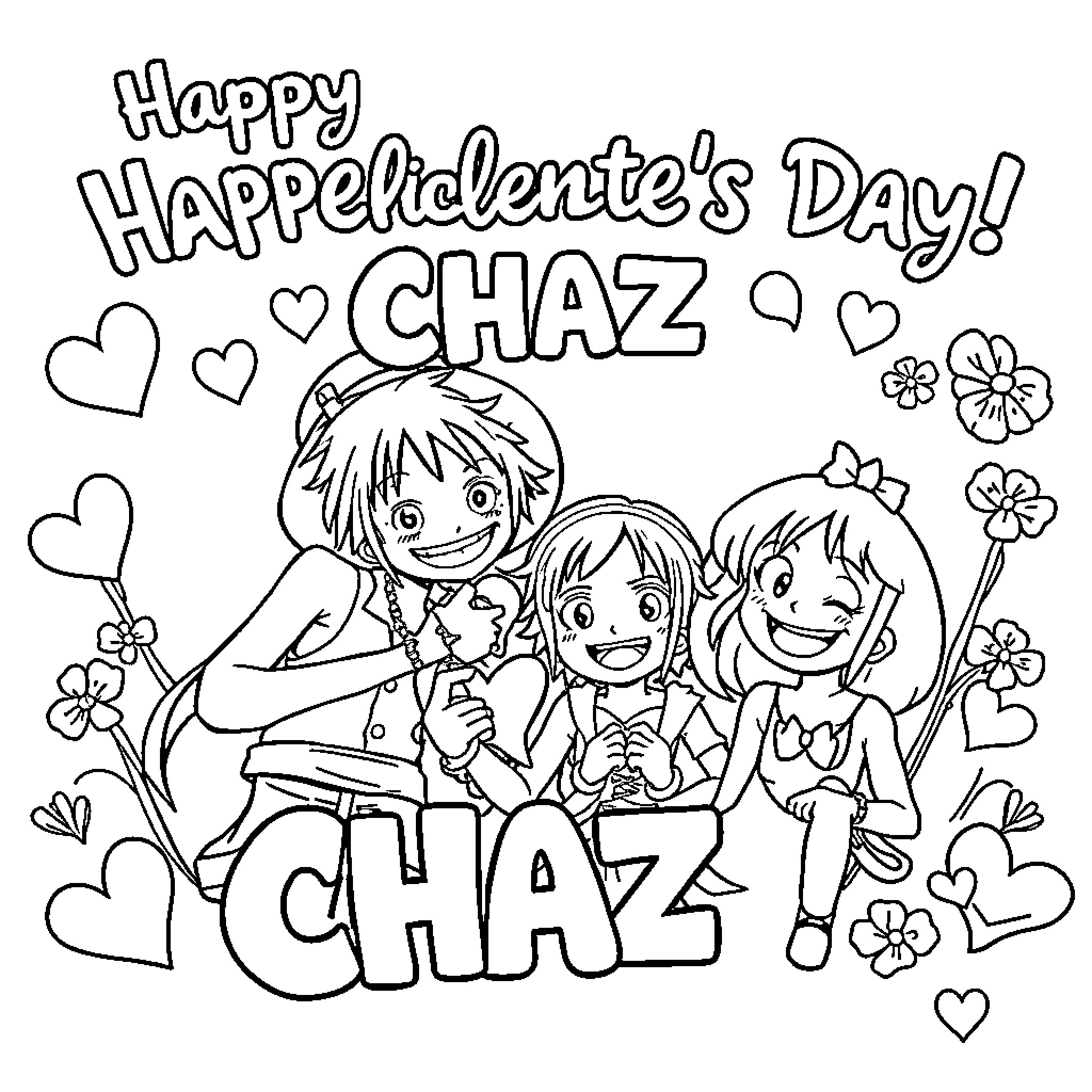 One Piece Characters Celebrating Happy Happelidente's Day Coloring Page (free black-and-white line drawing printable PDF for all, from beginners to advanced learners, including children, teens, adults, and seniors)