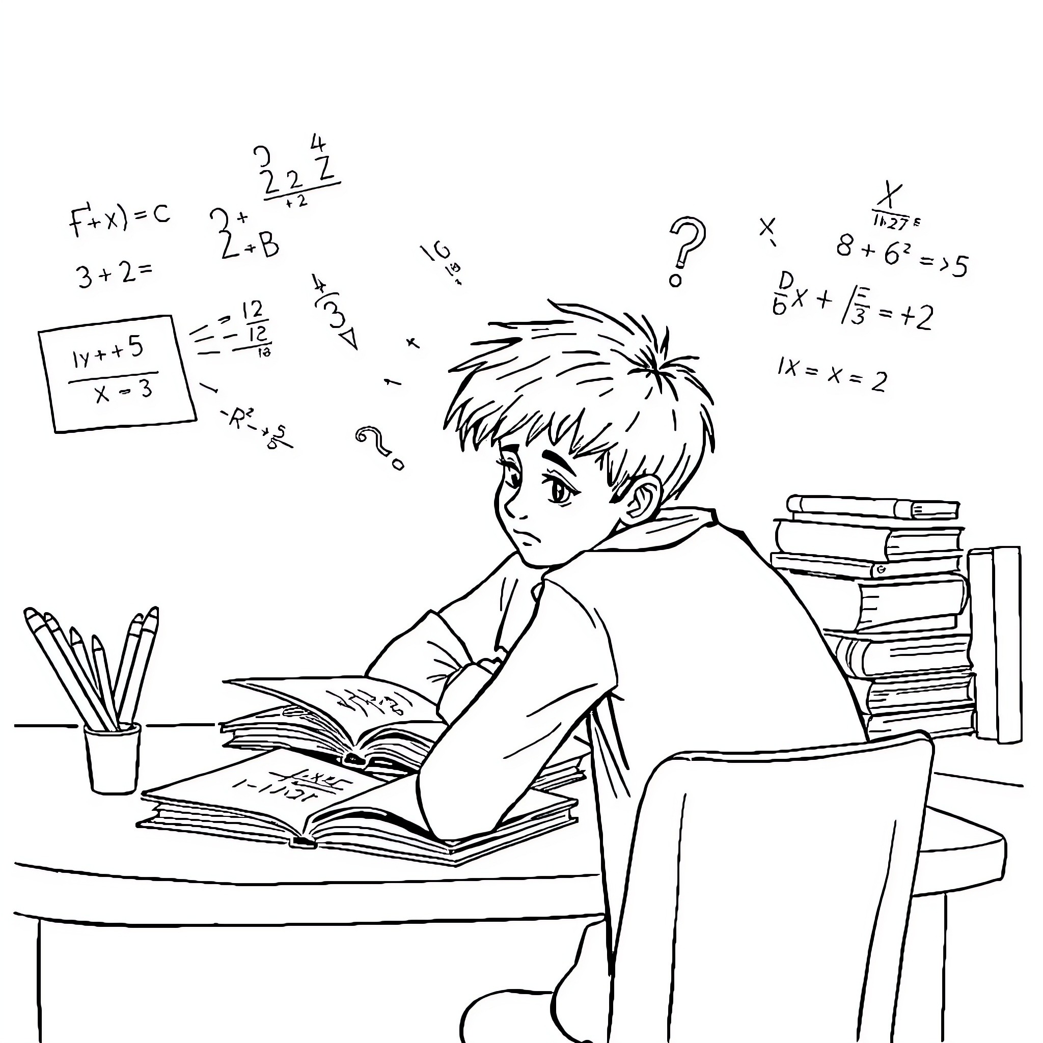 Student working diligently with mathematical equations Coloring Page (free black-and-white line drawing printable PDF for all, from beginners to advanced learners, including children, teens, adults, and seniors)