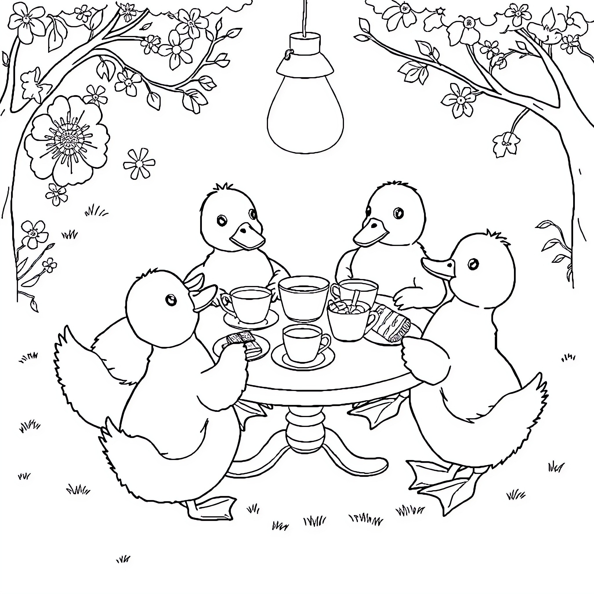 Duck Ducklings Enjoying Tea Party in Flowery Garden Coloring Page (free black-and-white line drawing printable PDF for all, from beginners to advanced learners, including children, teens, adults, and seniors)