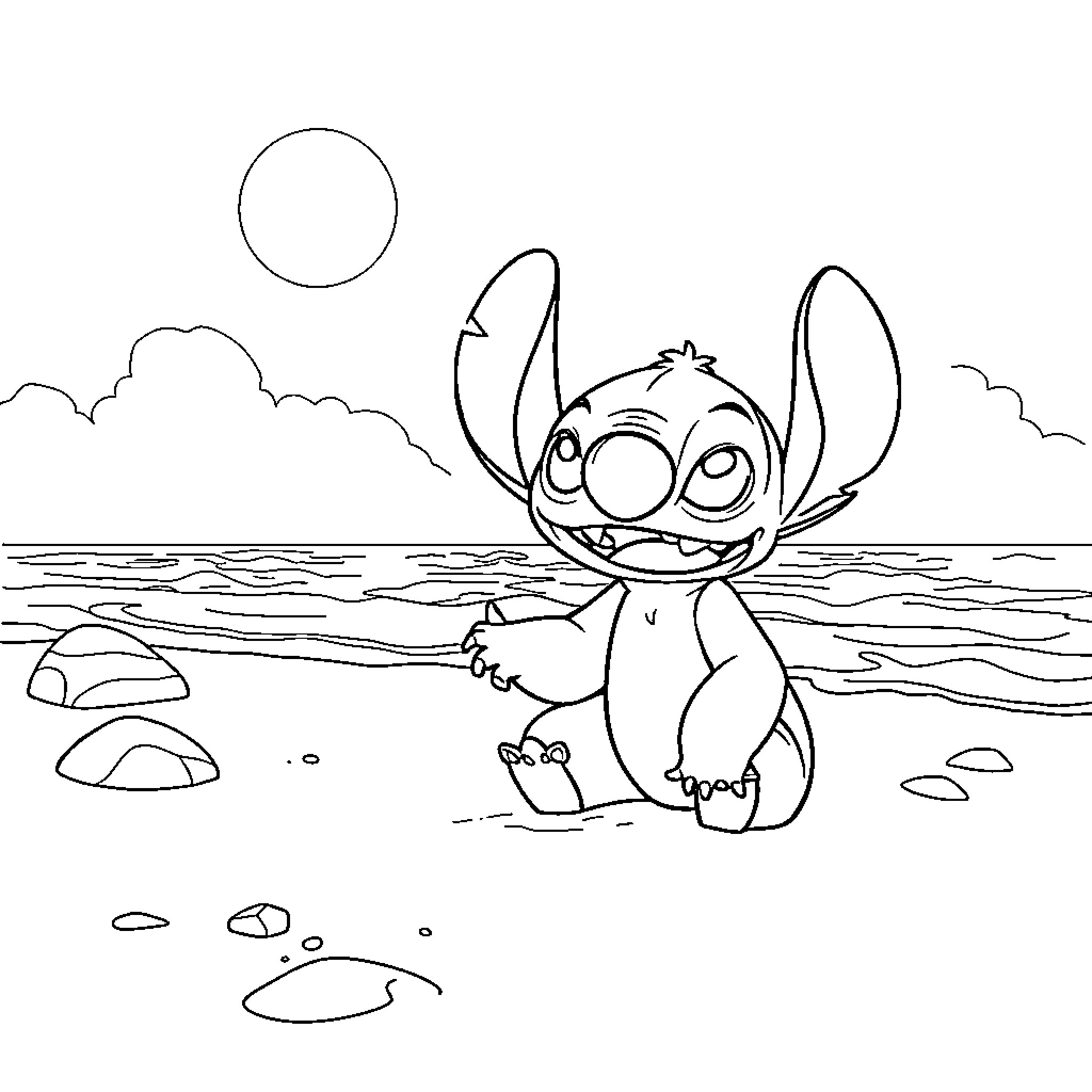 Lilo playing joyfully on the beach Coloring Page (free black-and-white line drawing printable PDF for all, from beginners to advanced learners, including children, teens, adults, and seniors)