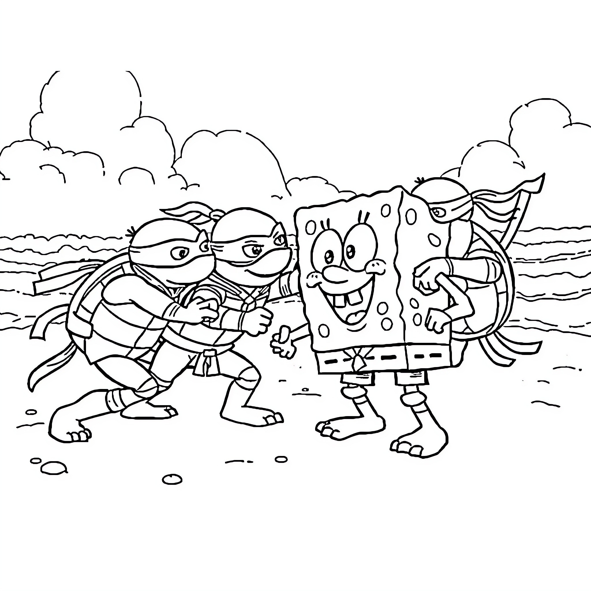 Ninja Turtle friends having fun on the beach Coloring Page (free black-and-white line drawing printable PDF for all, from beginners to advanced learners, including children, teens, adults, and seniors)