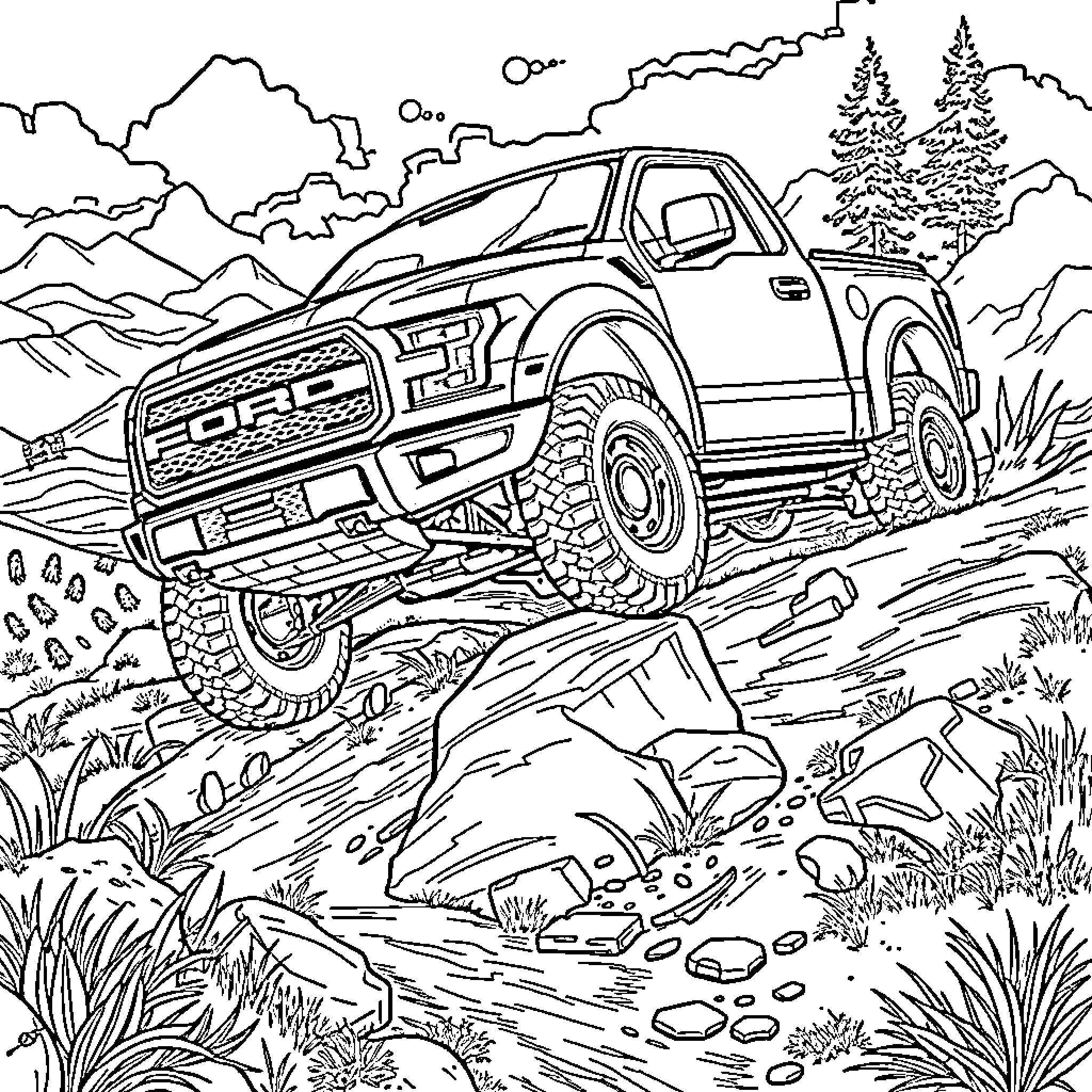 Ford F150 Raptor off-roading through rugged terrain Coloring Page (free black-and-white line drawing printable PDF for all, from beginners to advanced learners, including children, teens, adults, and seniors)