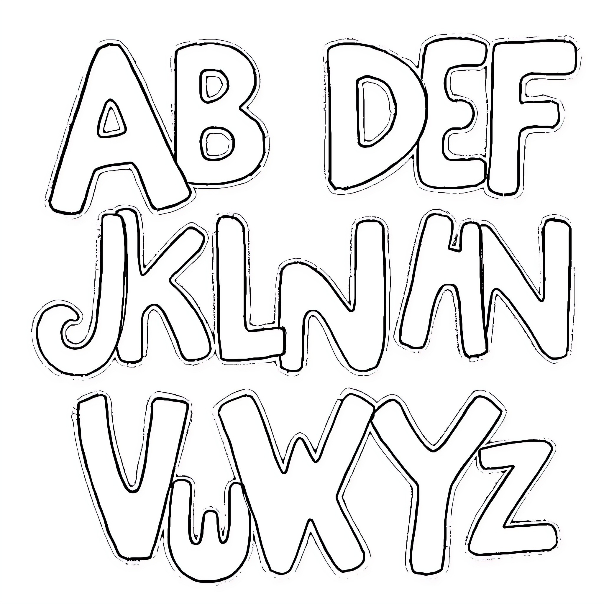 Alphabet letters in fun, playful shapes Coloring Page (free black-and-white line drawing printable PDF for all, from beginners to advanced learners, including children, teens, adults, and seniors)
