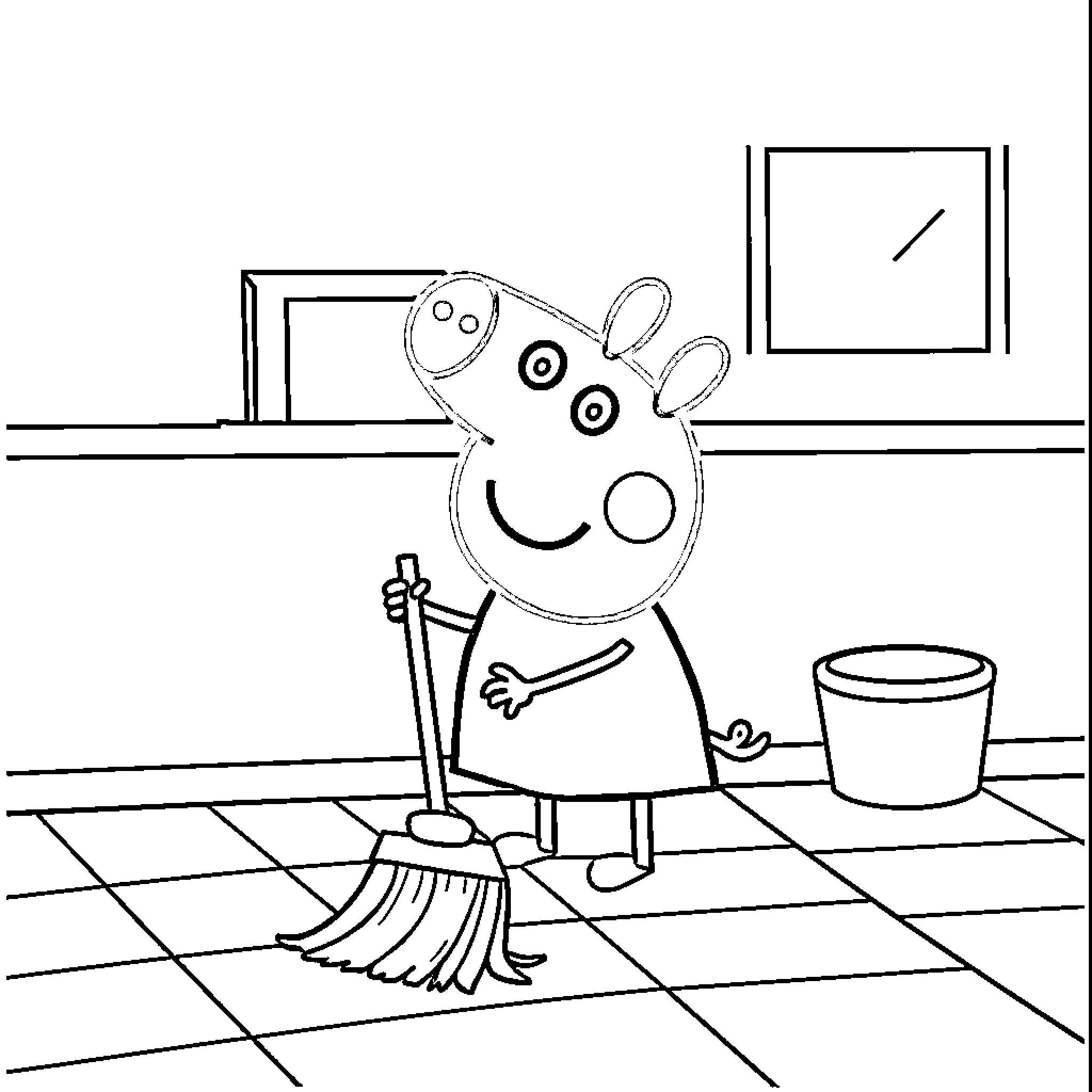 Peppa Pig sweeping the floor happily Coloring Page (free black-and-white line drawing printable PDF for all, from beginners to advanced learners, including children, teens, adults, and seniors)