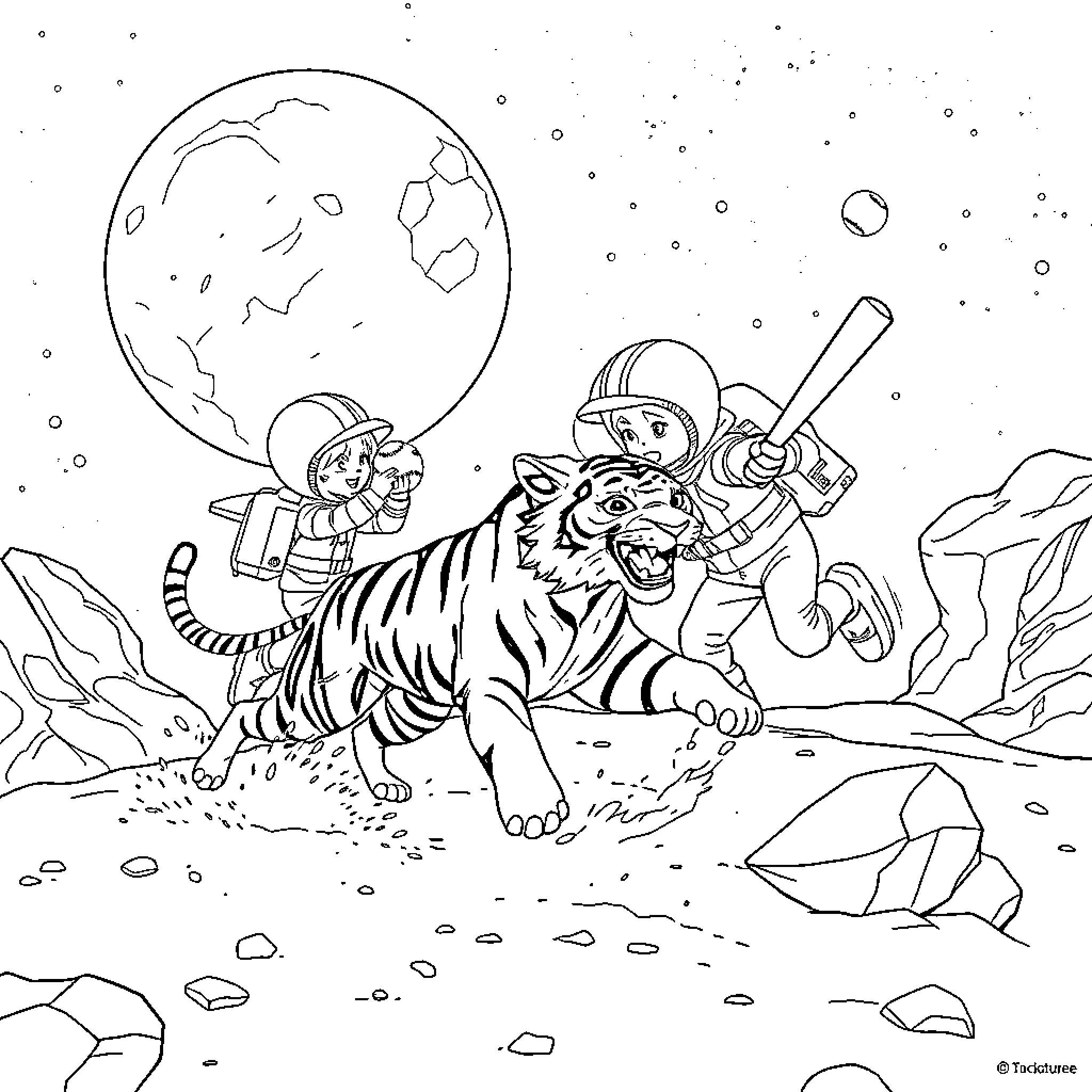 Kid explorers discover a wild tiger on an alien planet Coloring Page (free black-and-white line drawing printable PDF for all, from beginners to advanced learners, including children, teens, adults, and seniors)