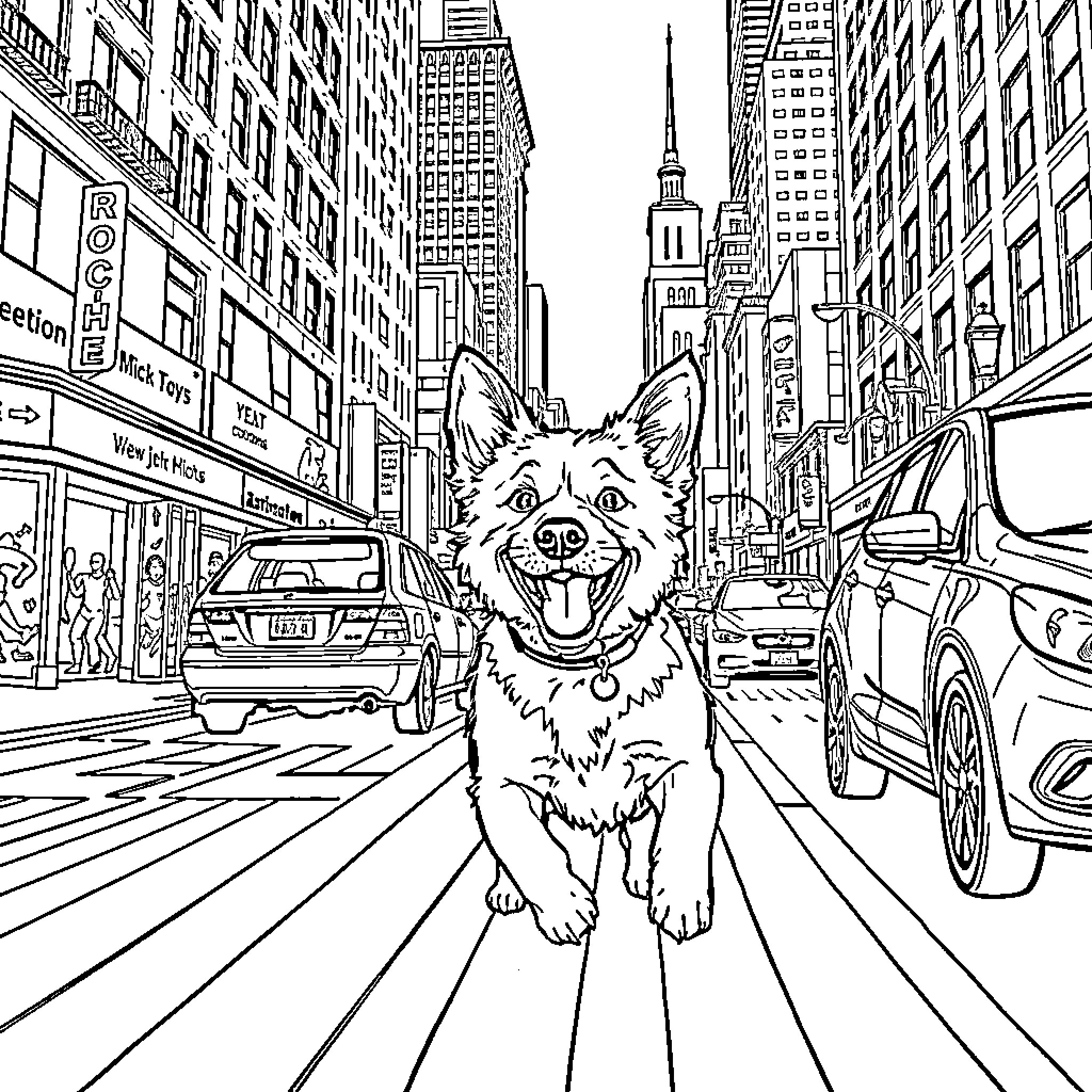 Dog exploring the busy city streets Coloring Page (free black-and-white line drawing printable PDF for all, from beginners to advanced learners, including children, teens, adults, and seniors)