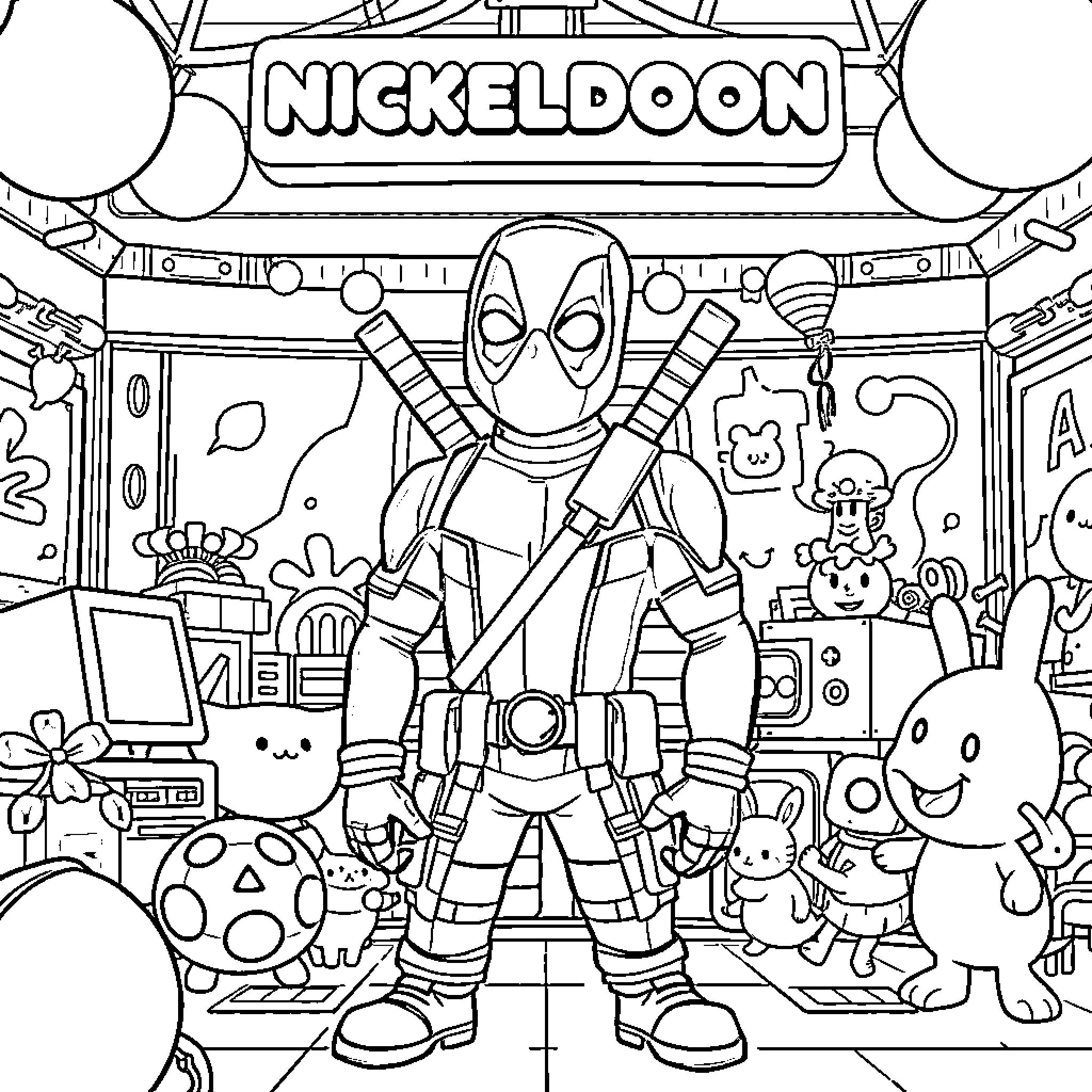 Deadpool in a Whimsical Nickelodeon-themed Scene Coloring Page (free black-and-white line drawing printable PDF for all, from beginners to advanced learners, including children, teens, adults, and seniors)