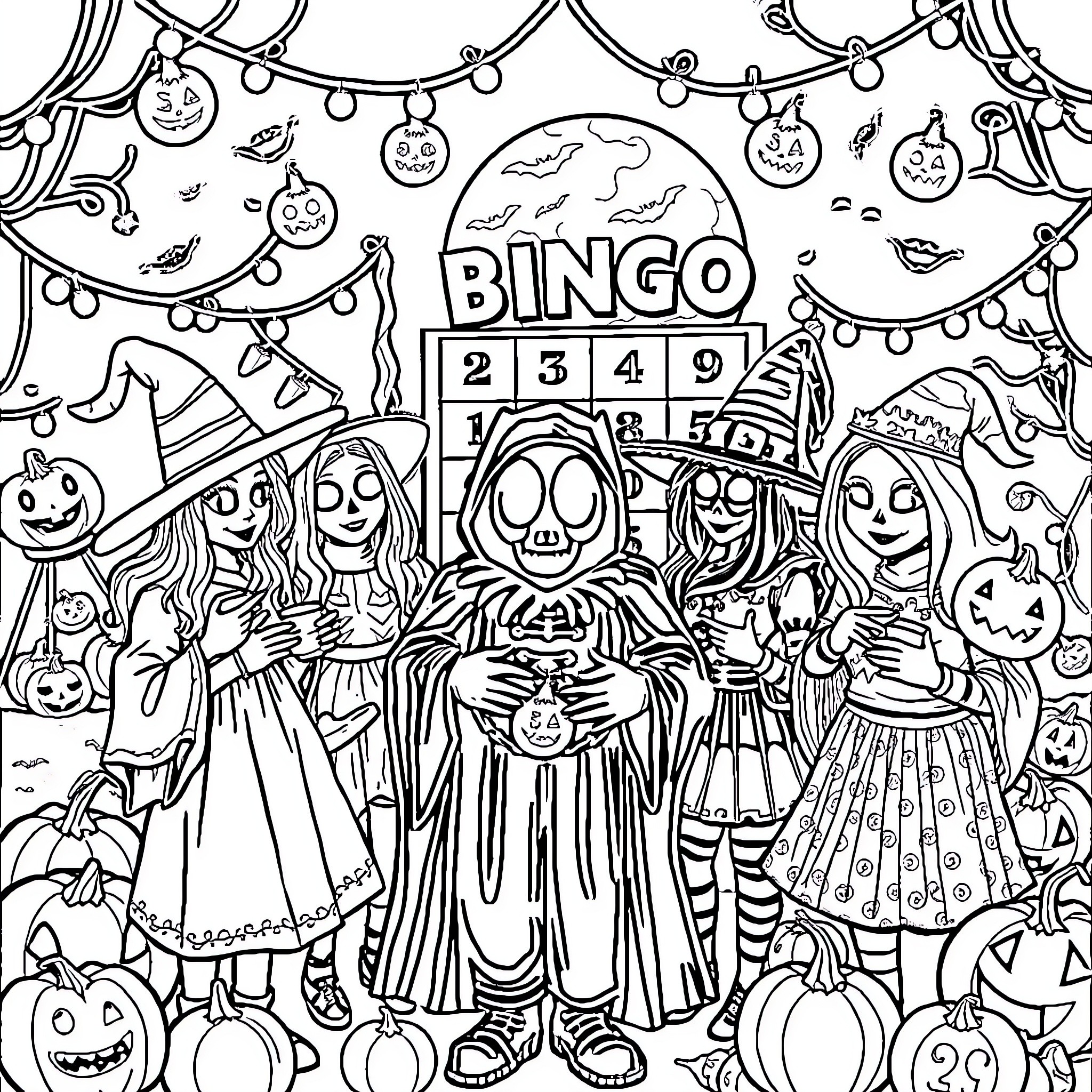 Bingo night with Halloween-themed costumes and decorations Coloring Page (free black-and-white line drawing printable PDF for all, from beginners to advanced learners, including children, teens, adults, and seniors)