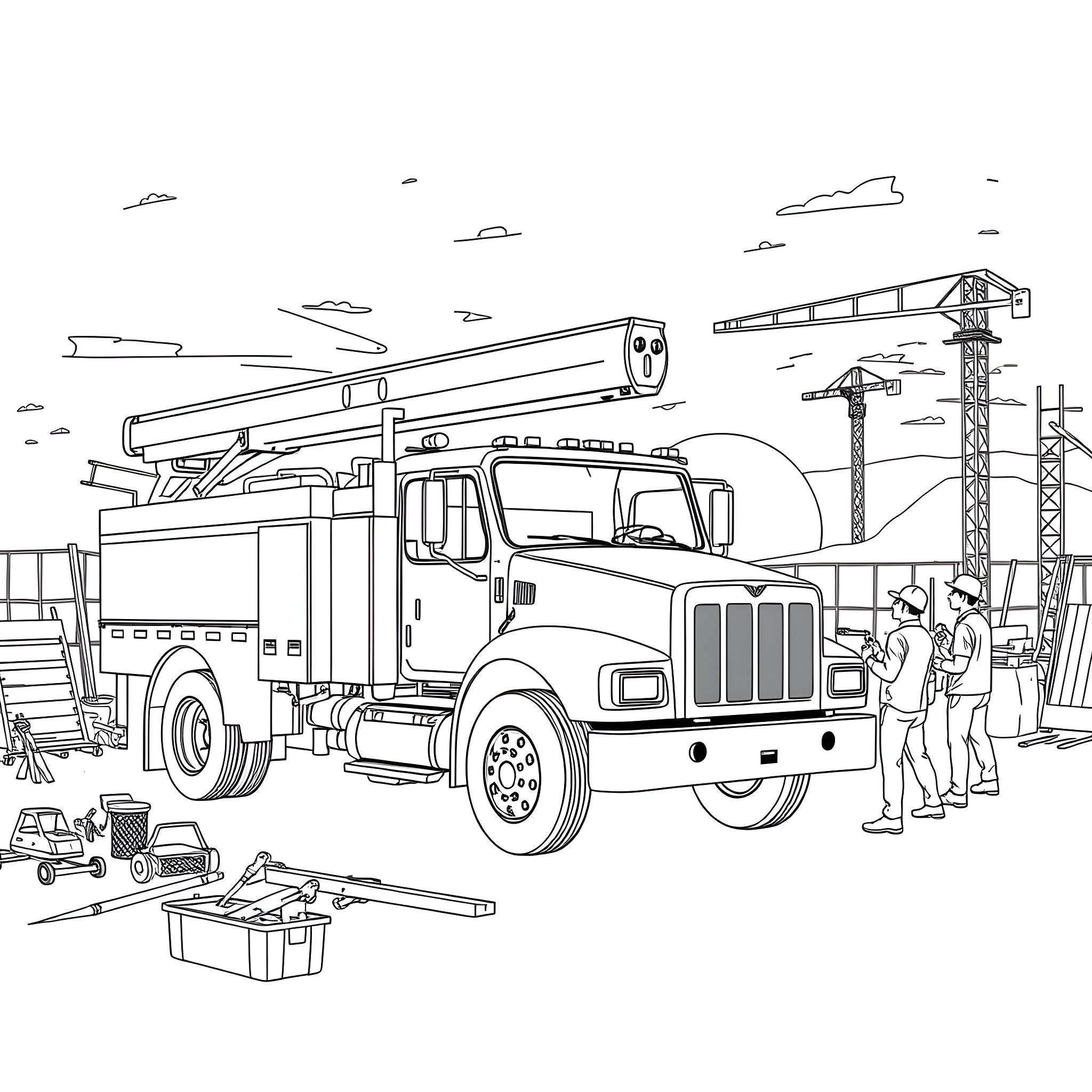 Utility Truck Assisting with Construction Project Coloring Page (free black-and-white line drawing printable PDF for all, from beginners to advanced learners, including children, teens, adults, and seniors)