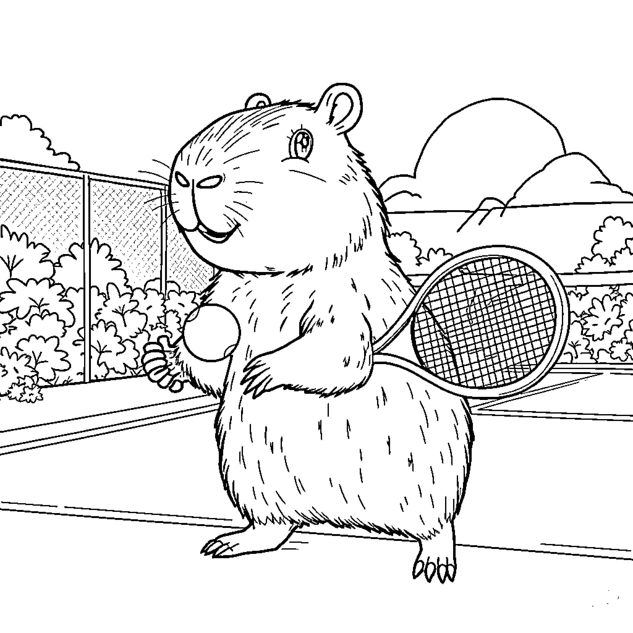 Capybara playing tennis on the court Coloring Page (free black-and-white line drawing printable PDF for all, from beginners to advanced learners, including children, teens, adults, and seniors)