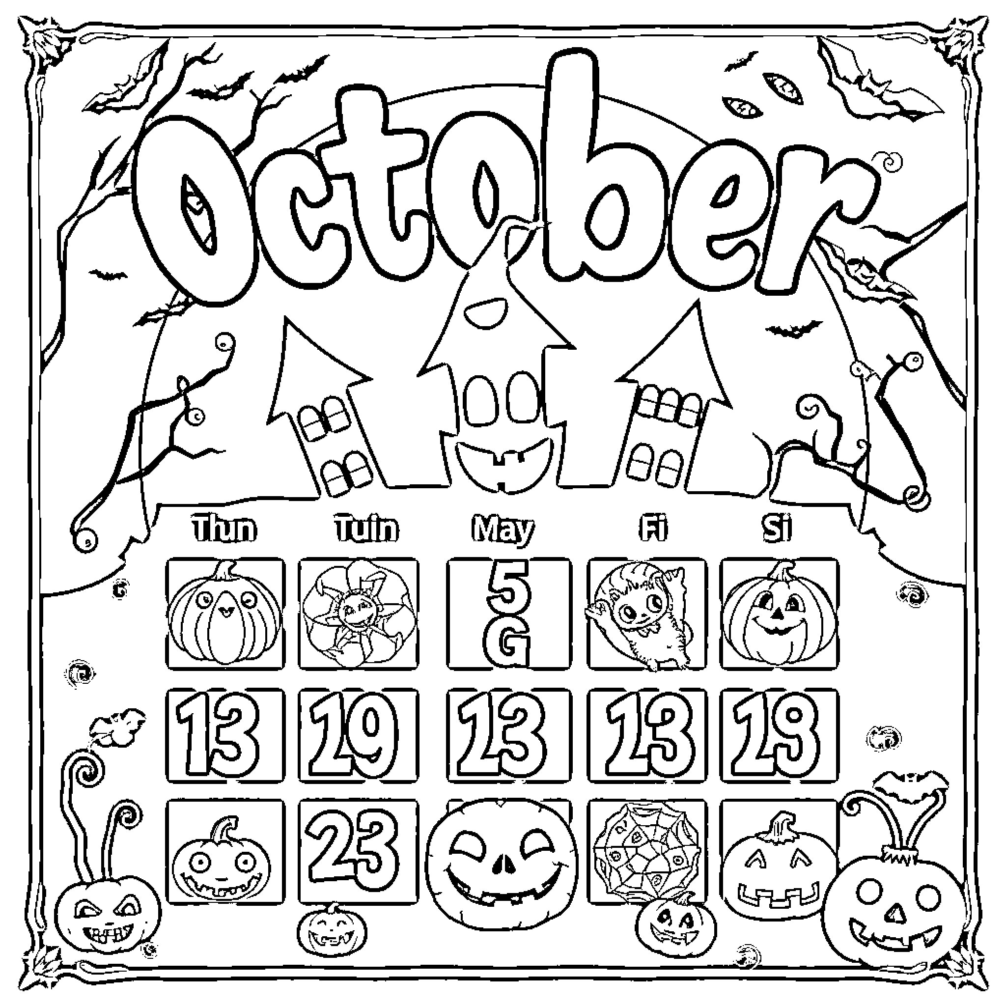 October themed coloring page with pumpkins and Halloween icons Coloring Page (free black-and-white line drawing printable PDF for all, from beginners to advanced learners, including children, teens, adults, and seniors)