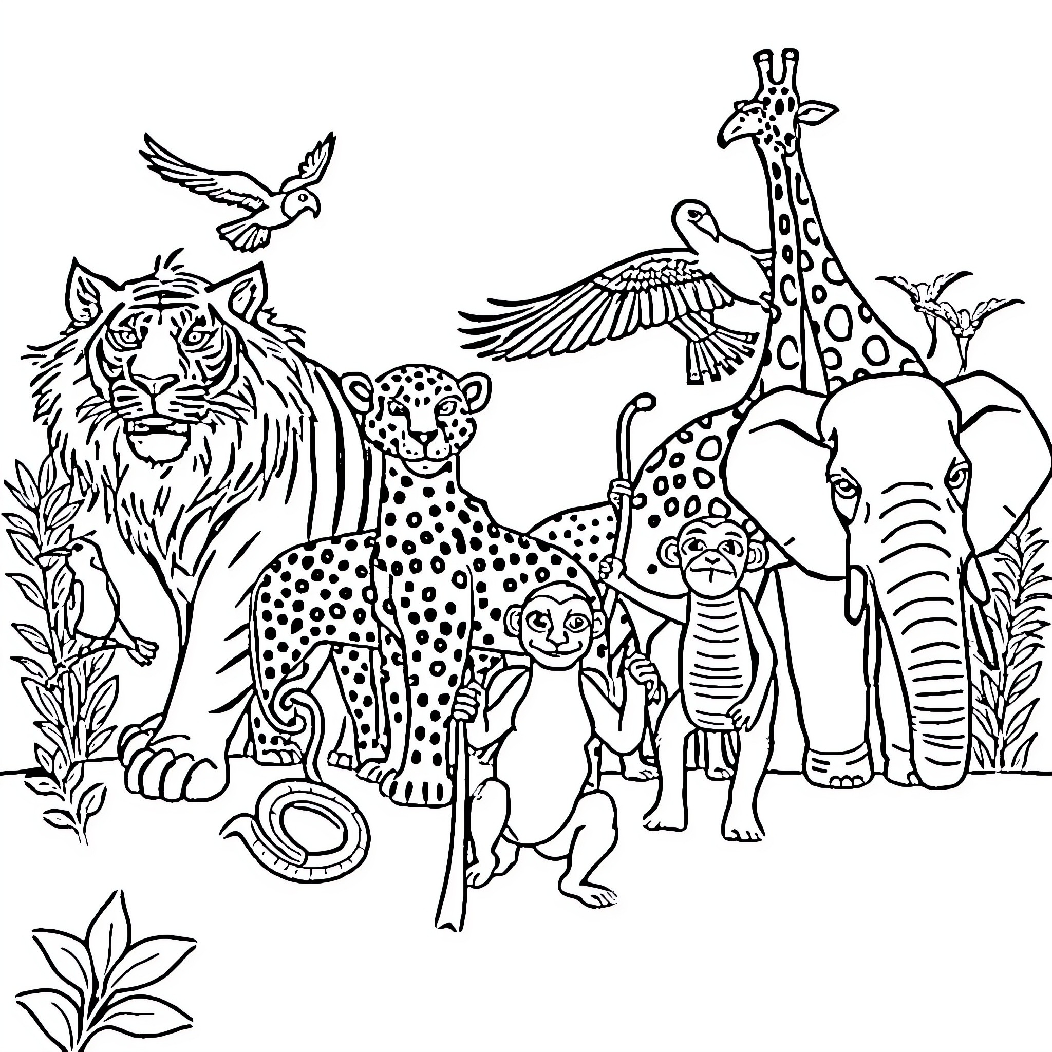Animal friends exploring the wild jungle Coloring Page (free black-and-white line drawing printable PDF for all, from beginners to advanced learners, including children, teens, adults, and seniors)