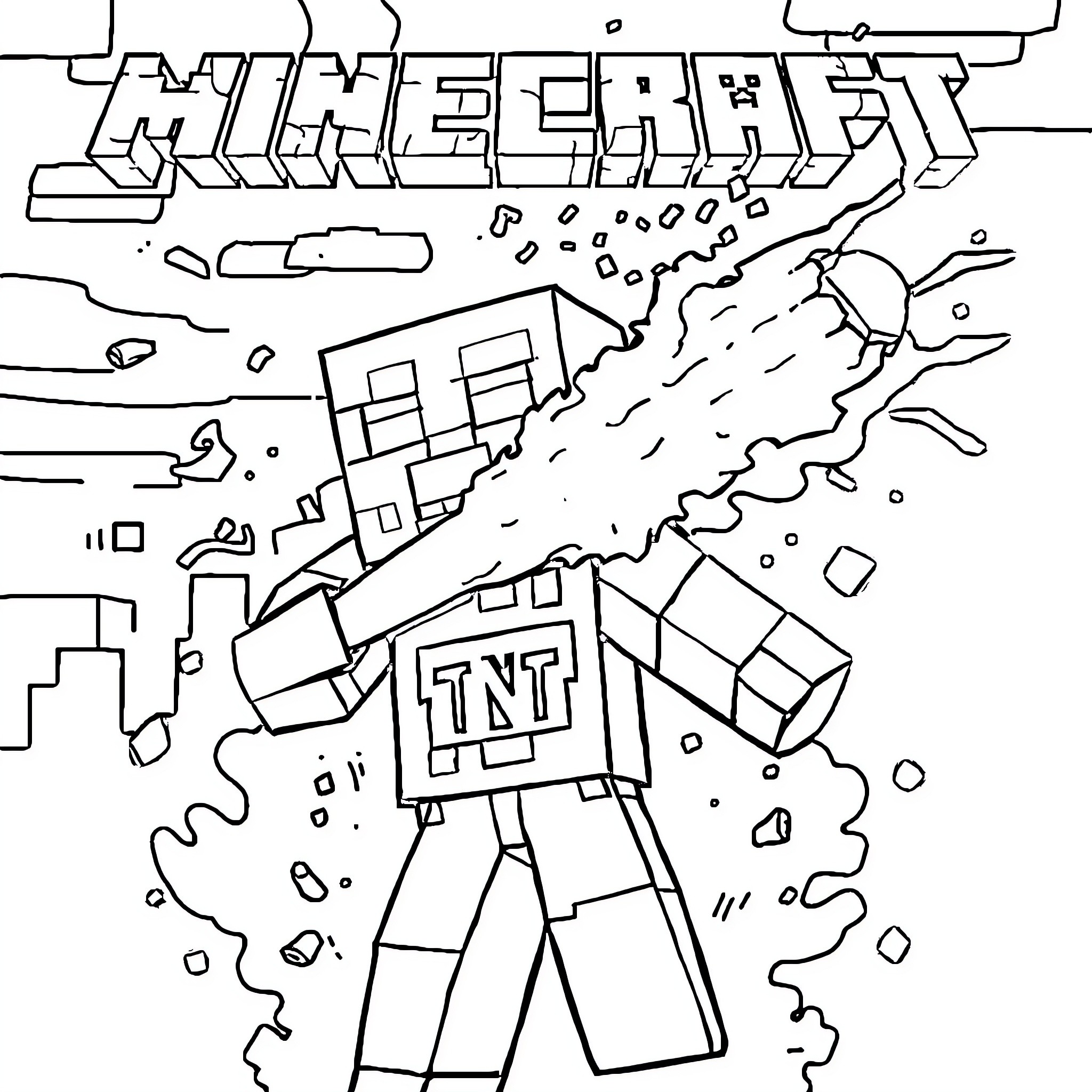 Minecraft Character Holding TNT and Explosions Coloring Page (free black-and-white line drawing printable PDF for all, from beginners to advanced learners, including children, teens, adults, and seniors)