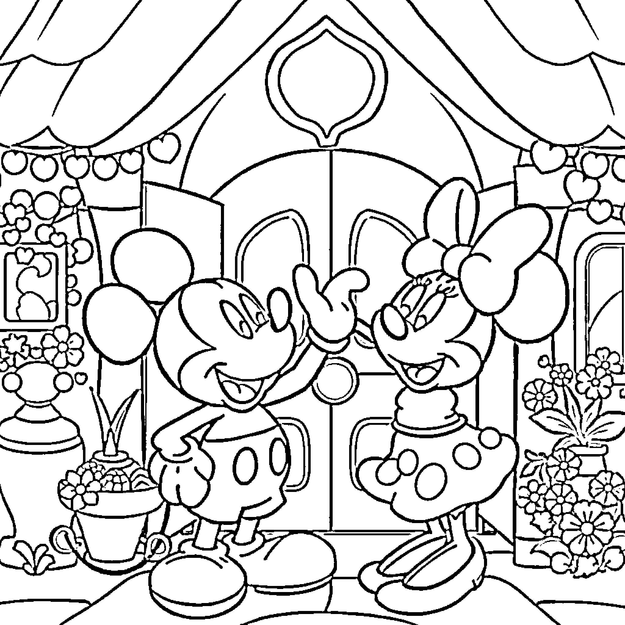 Mickey and Minnie's Romantic Stroll Coloring Page (free black-and-white line drawing printable PDF for all, from beginners to advanced learners, including children, teens, adults, and seniors)