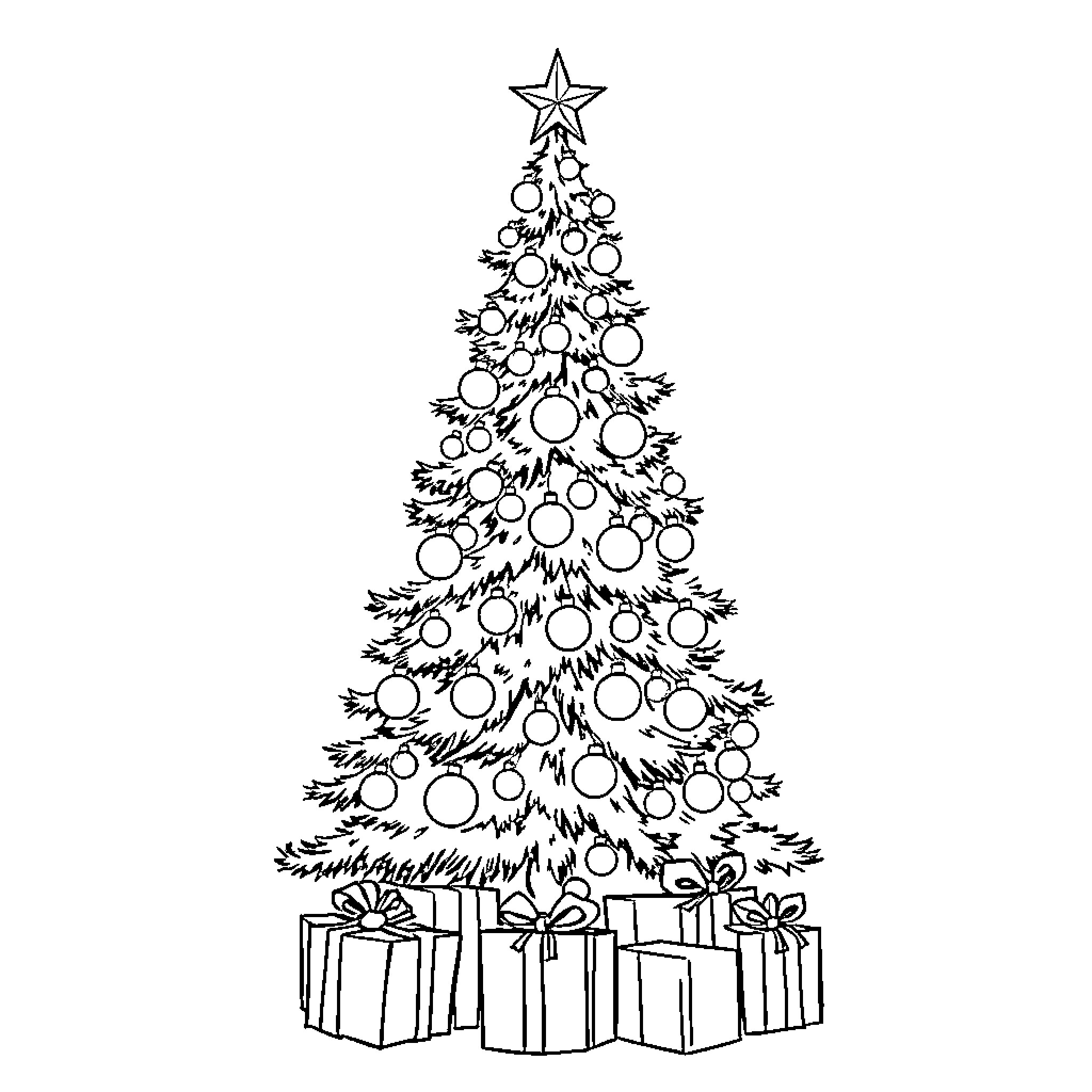 Christmas Tree with Ornaments and Gifts Coloring Page (free black-and-white line drawing printable PDF for all, from beginners to advanced learners, including children, teens, adults, and seniors)