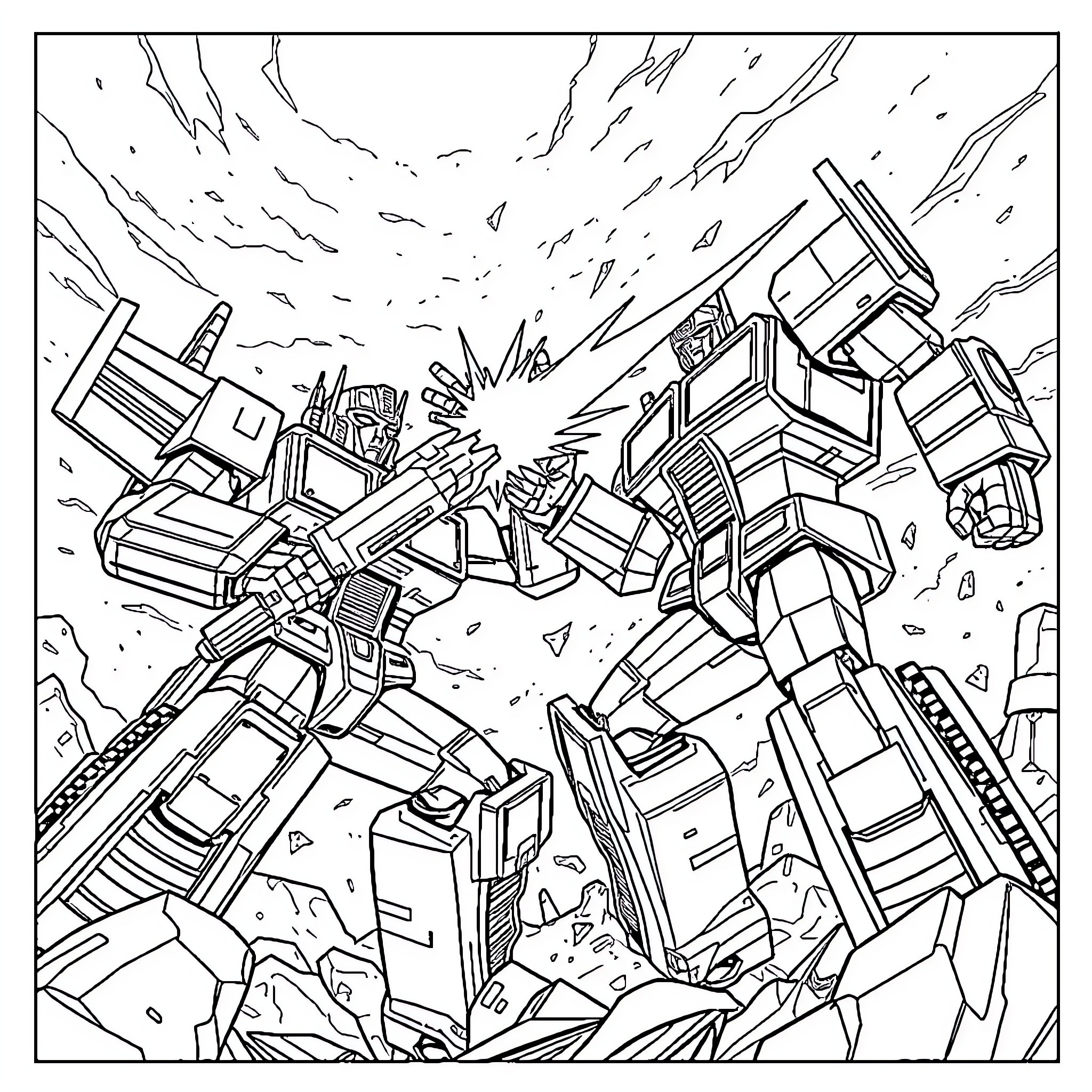 Megatron in epic battle surrounded by robot warriors Coloring Page (free black-and-white line drawing printable PDF for all, from beginners to advanced learners, including children, teens, adults, and seniors)
