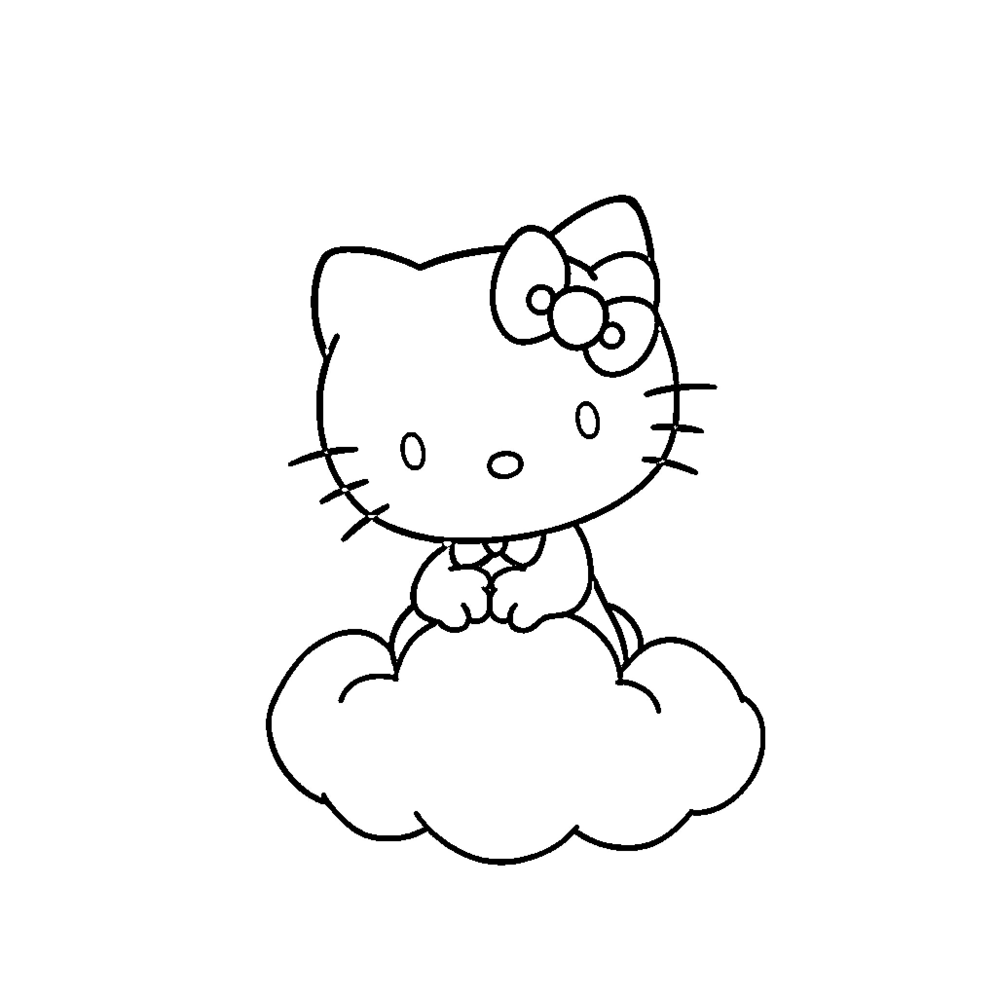 Hello Kitty sitting on a cloud Coloring Page (free black-and-white line drawing printable PDF for all, from beginners to advanced learners, including children, teens, adults, and seniors)