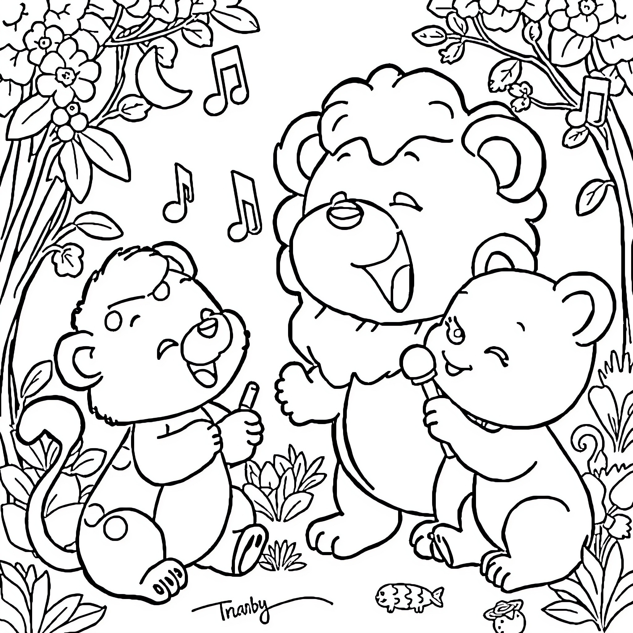 Baby Bum Bears Singing and Dancing in the Flowers Coloring Page (free black-and-white line drawing printable PDF for all, from beginners to advanced learners, including children, teens, adults, and seniors)
