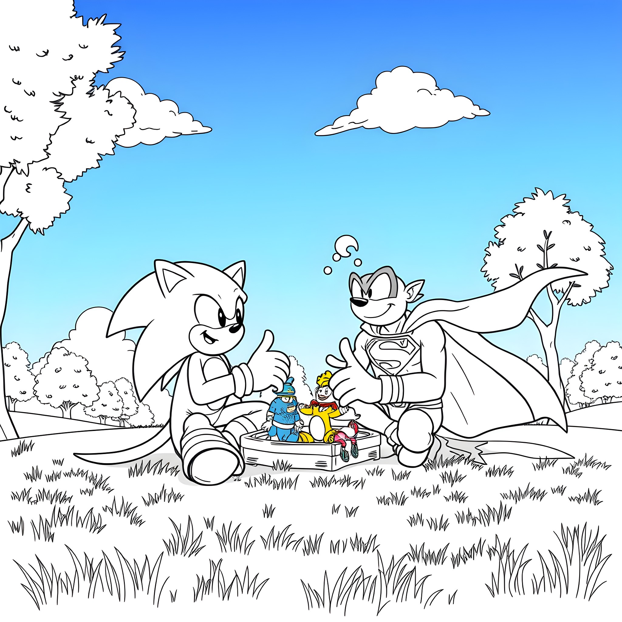 Sonic and his friend enjoying a picnic in the park Coloring Page (free black-and-white line drawing printable PDF for all, from beginners to advanced learners, including children, teens, adults, and seniors)