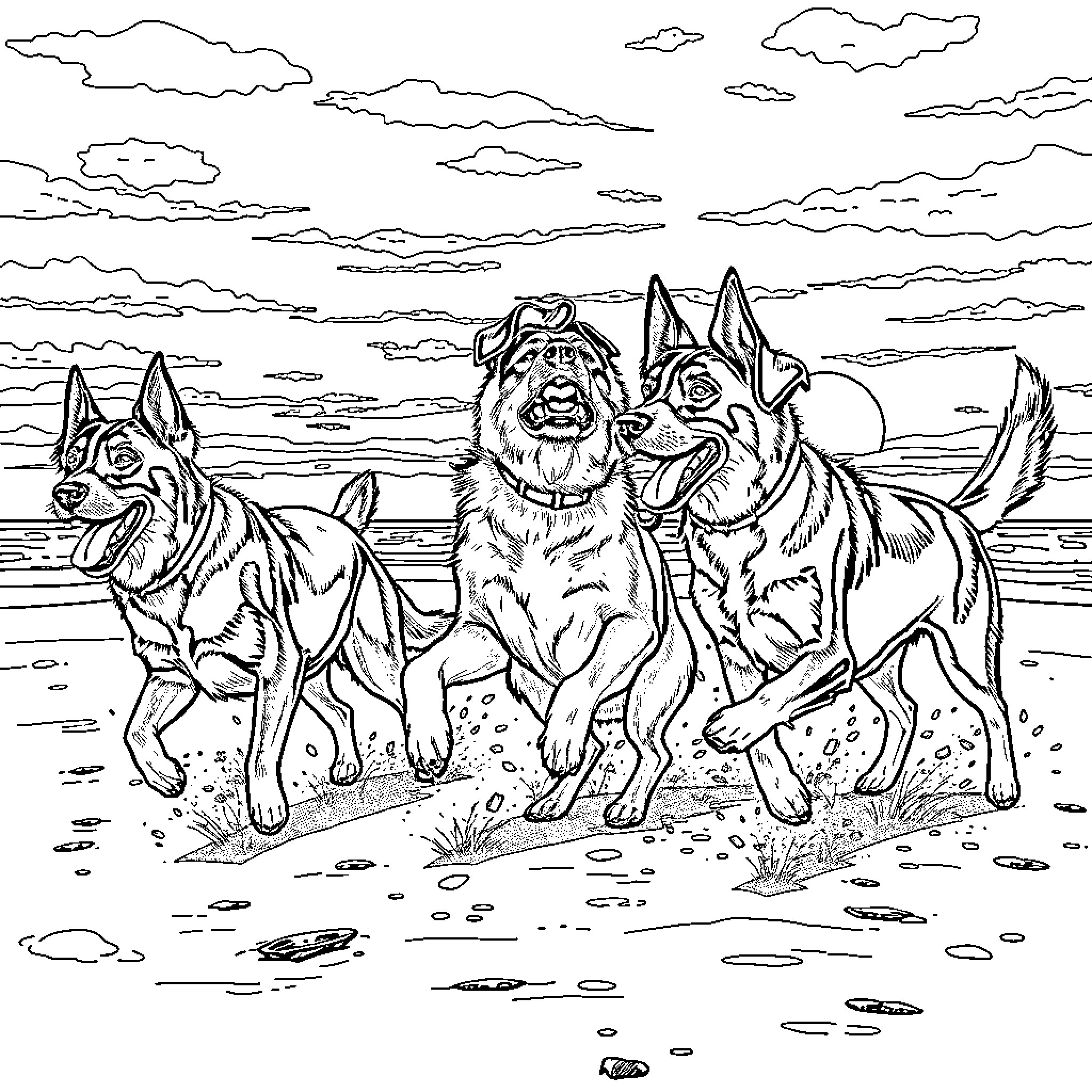German Shepherd Dogs Playing in the Countryside Coloring Page (free black-and-white line drawing printable PDF for all, from beginners to advanced learners, including children, teens, adults, and seniors)