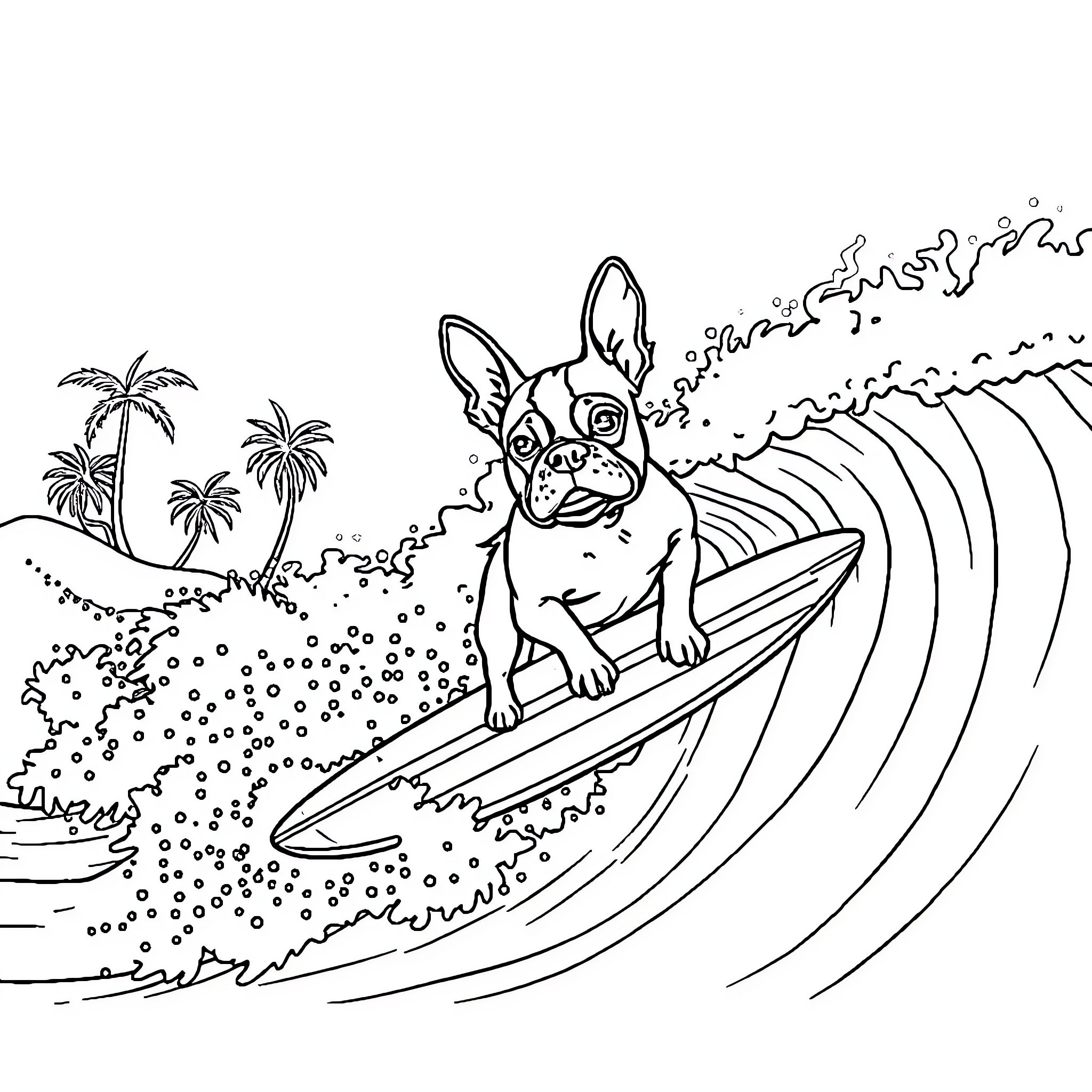 Boston Terrier surfing on the waves Coloring Page (free black-and-white line drawing printable PDF for all, from beginners to advanced learners, including children, teens, adults, and seniors)