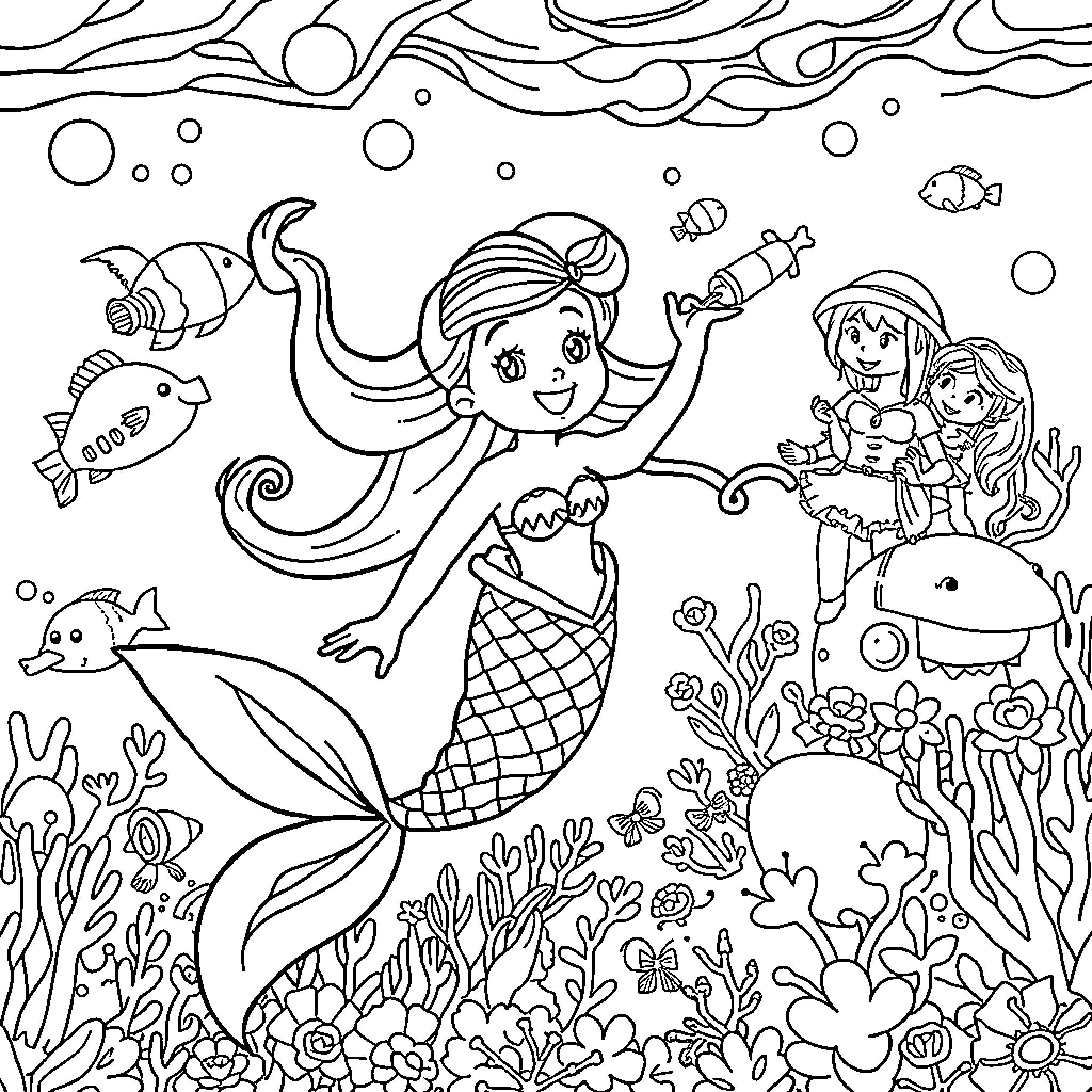 Mermaid playing happily with sea creatures in the underwater world Coloring Page (free black-and-white line drawing printable PDF for all, from beginners to advanced learners, including children, teens, adults, and seniors)