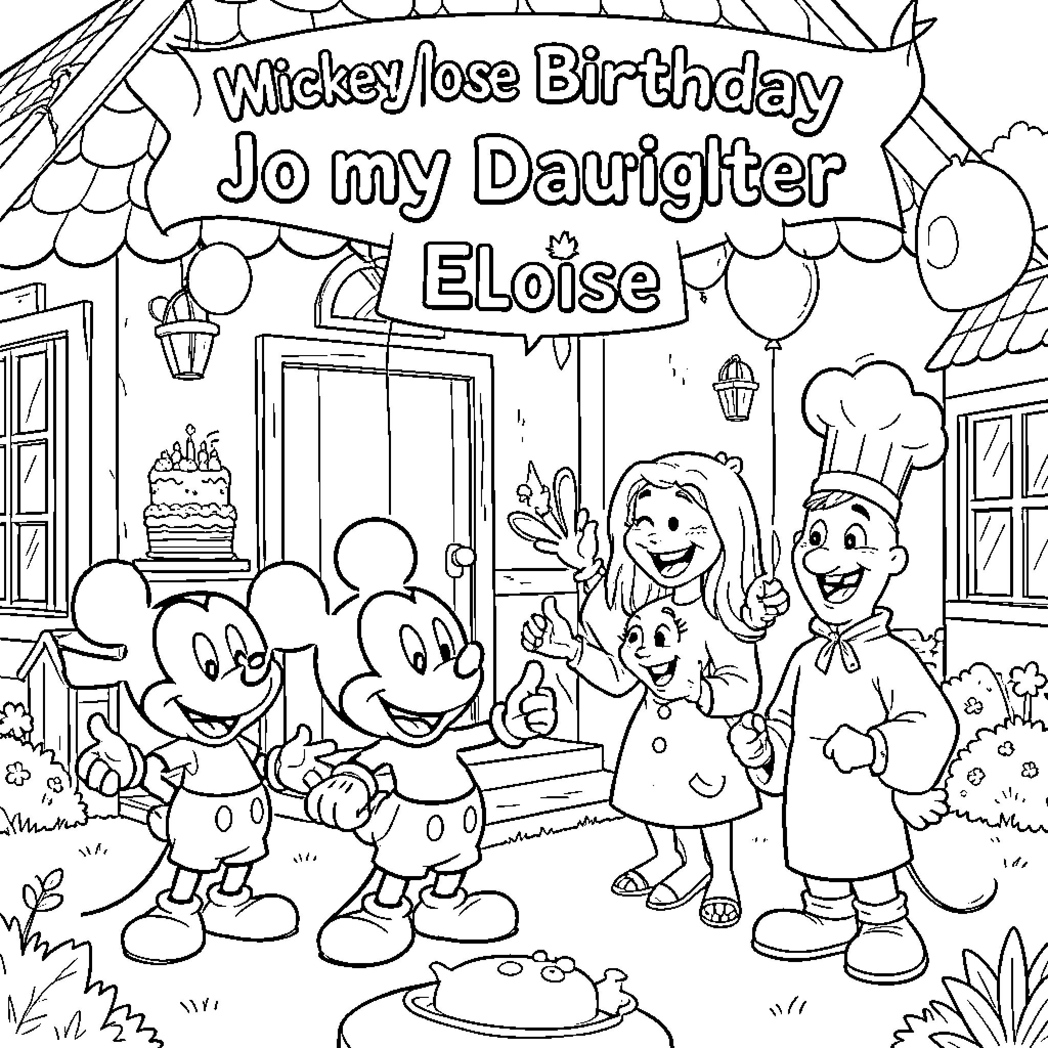 Mickey's Birthday Celebration with a Girl Coloring Page (free black-and-white line drawing printable PDF for all, from beginners to advanced learners, including children, teens, adults, and seniors)