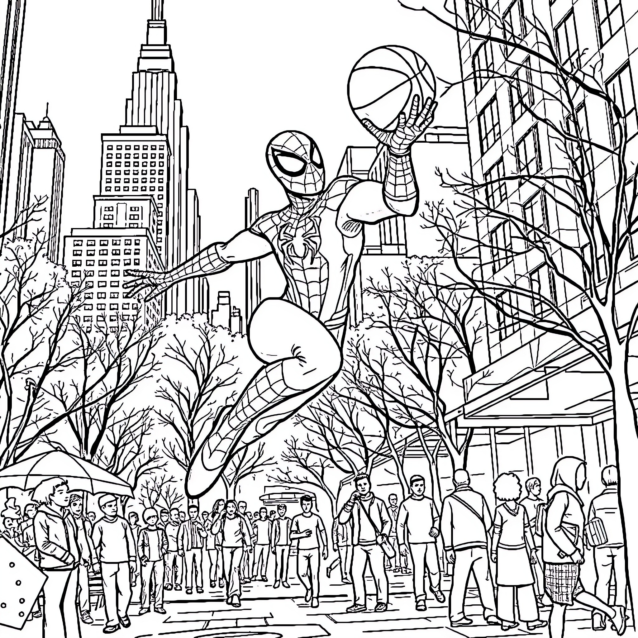 Spider-Man swinging through the city streets Coloring Page (free black-and-white line drawing printable PDF for all, from beginners to advanced learners, including children, teens, adults, and seniors)