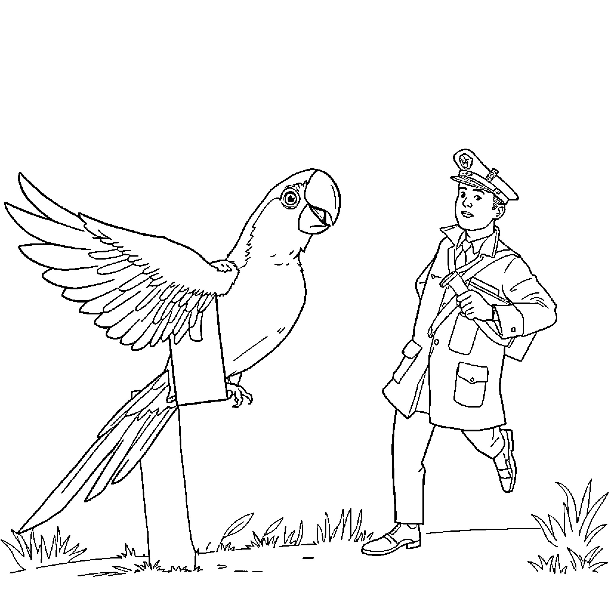 Parrot posing with military personnel Coloring Page (free black-and-white line drawing printable PDF for all, from beginners to advanced learners, including children, teens, adults, and seniors)